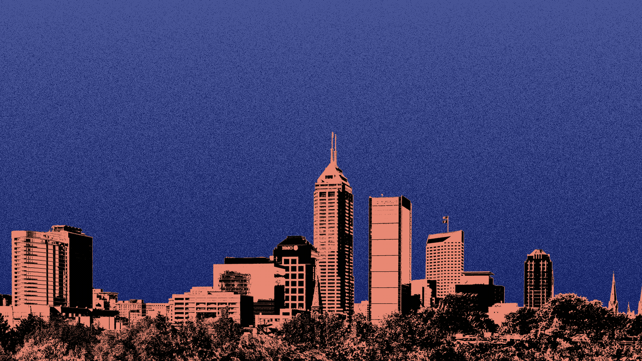 Illustration of the Indianapolis skyline, with word balloons with exclamation points in them popping up above it from left to right.