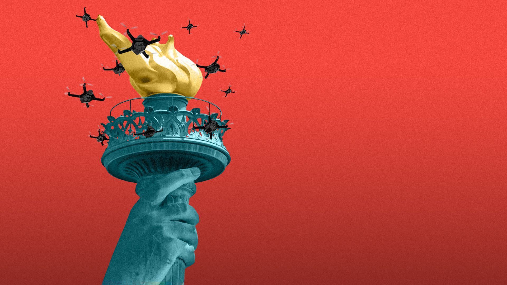 Illustration of a swarm of drones surrounding the State of Liberty's torch.