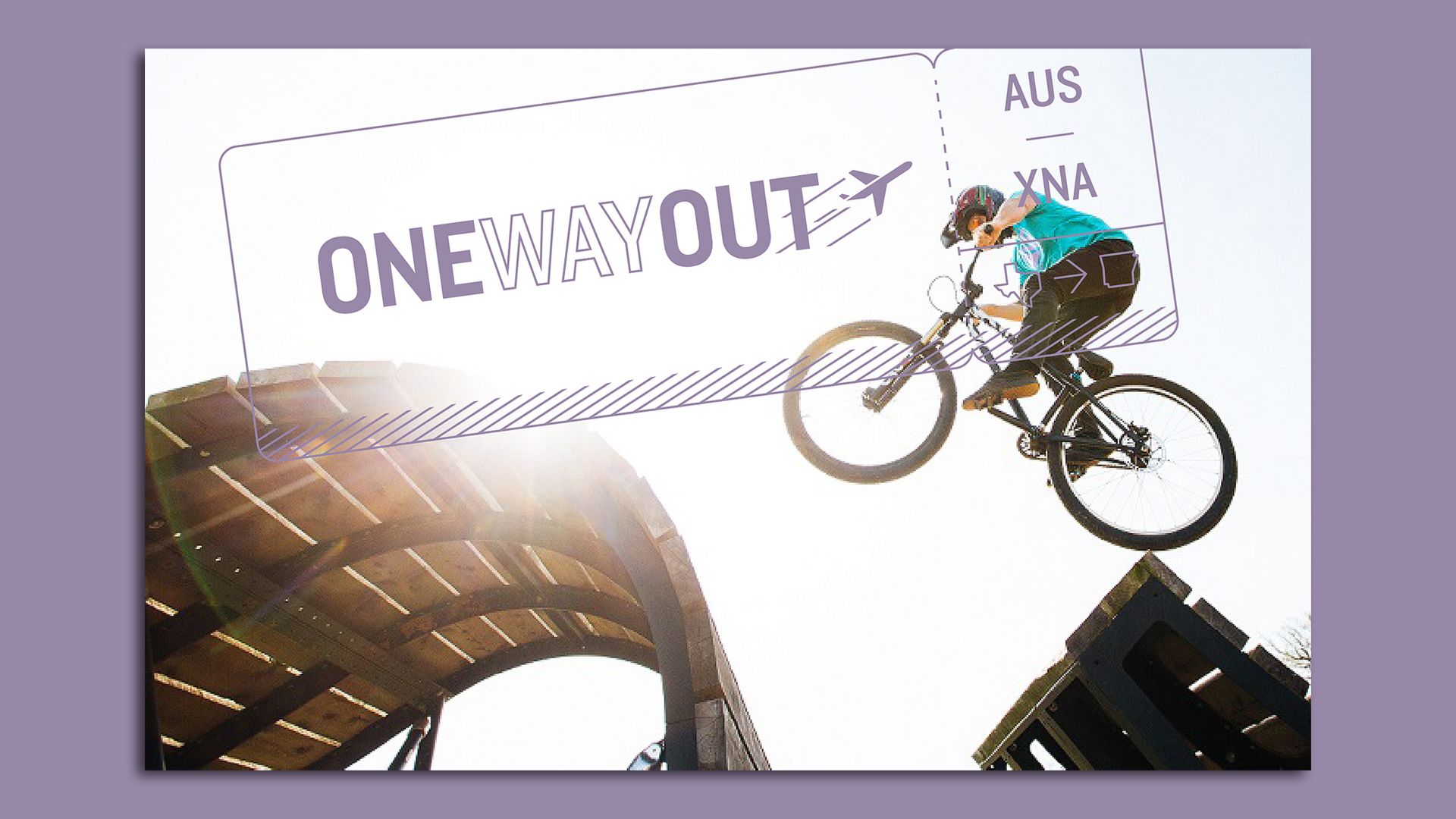 A guy catches some air while on a mountain bike. An overlay text reads "One Way Out."