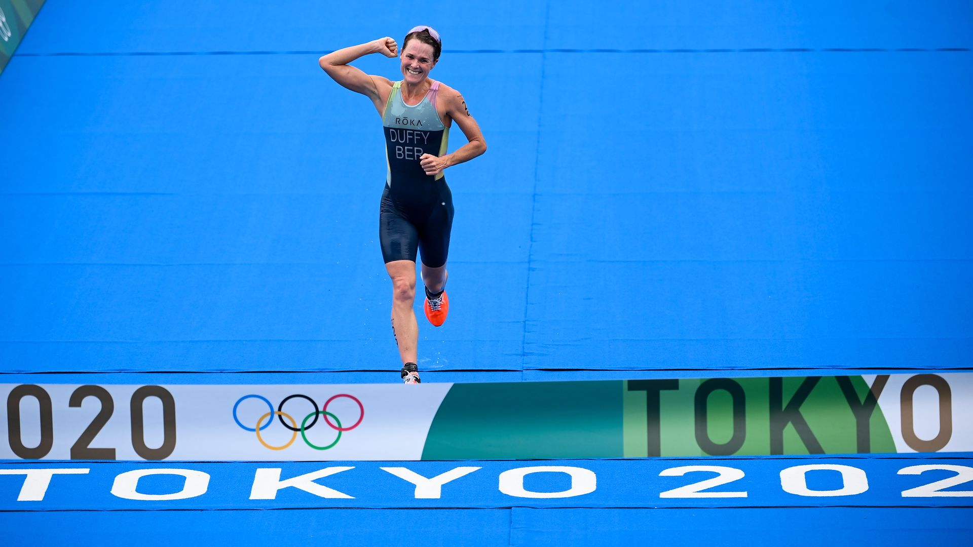 Flora Duffy of Bermuda on her way to winning the Women's Triathlon at the Odaiba Marine Park during the 2020 Tokyo Summer Olympic Games in Tokyo, Japan