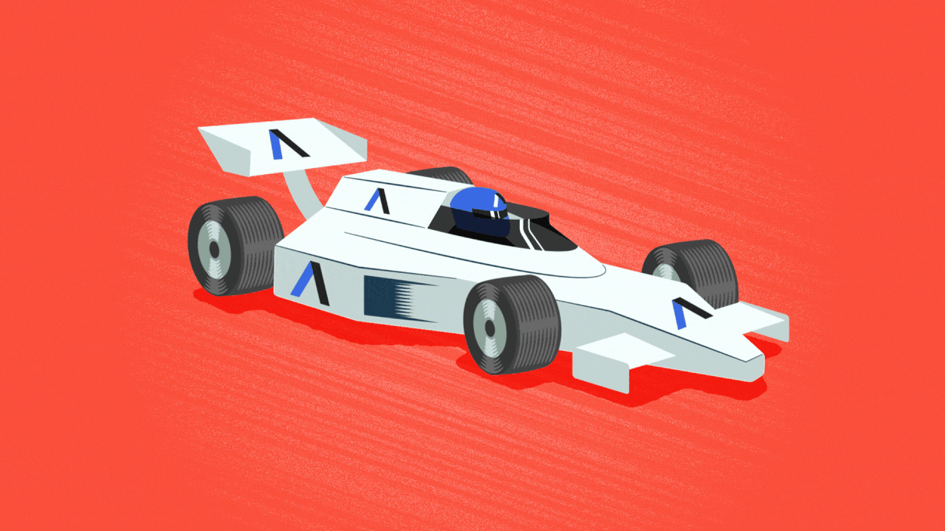 Illustration of a race car covered with Axios logos driving.