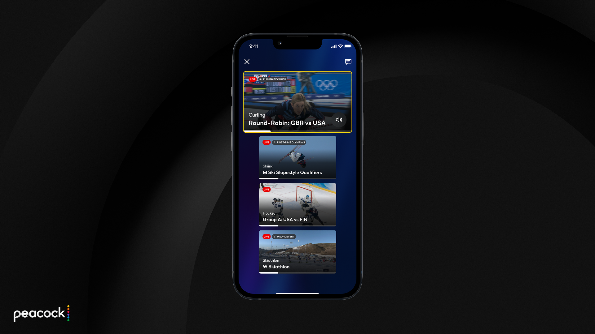 Smartphone screen showing live Olympic sports streaming app with curling, skiing, hockey, and skiathlon events listed. Peacock logo in bottom left corner on black background.