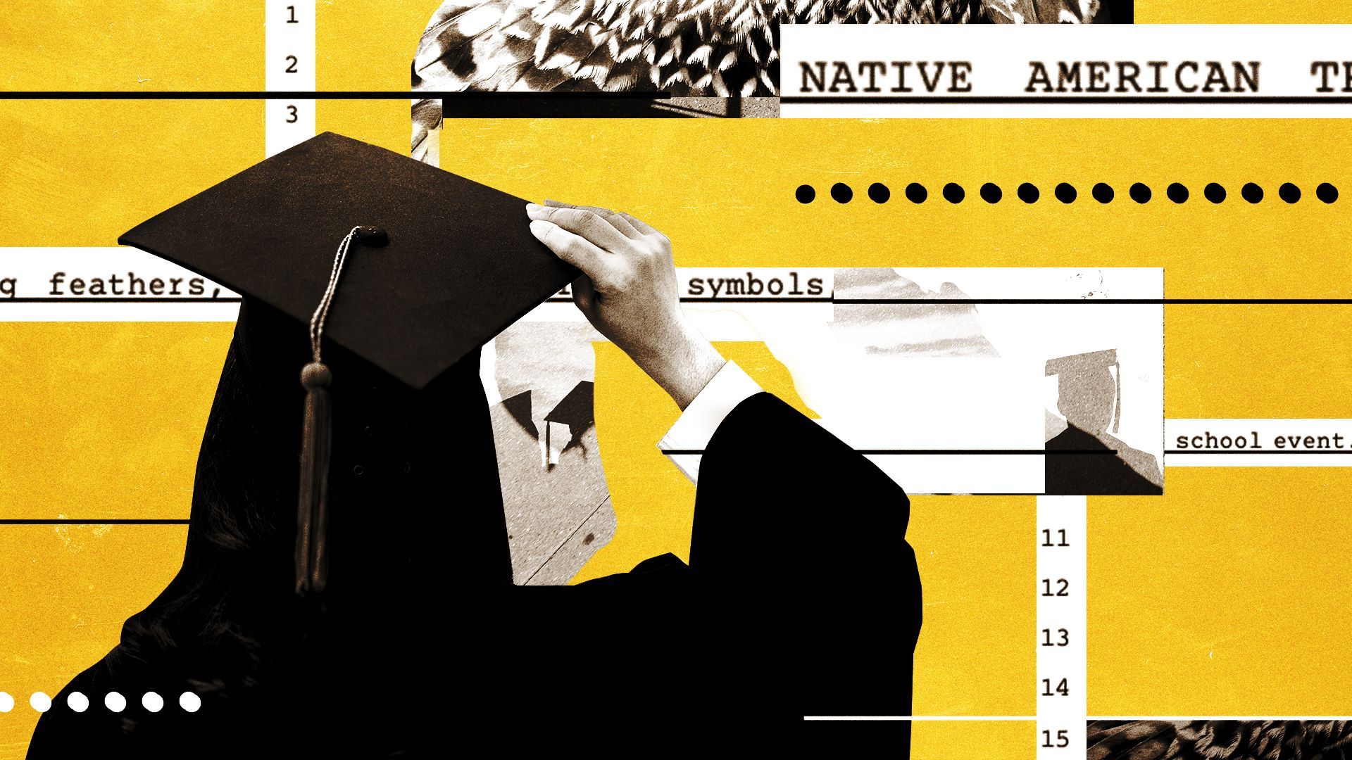 Illustration of a student in a mortarboard hat, fragments of text, and eagle feathers.