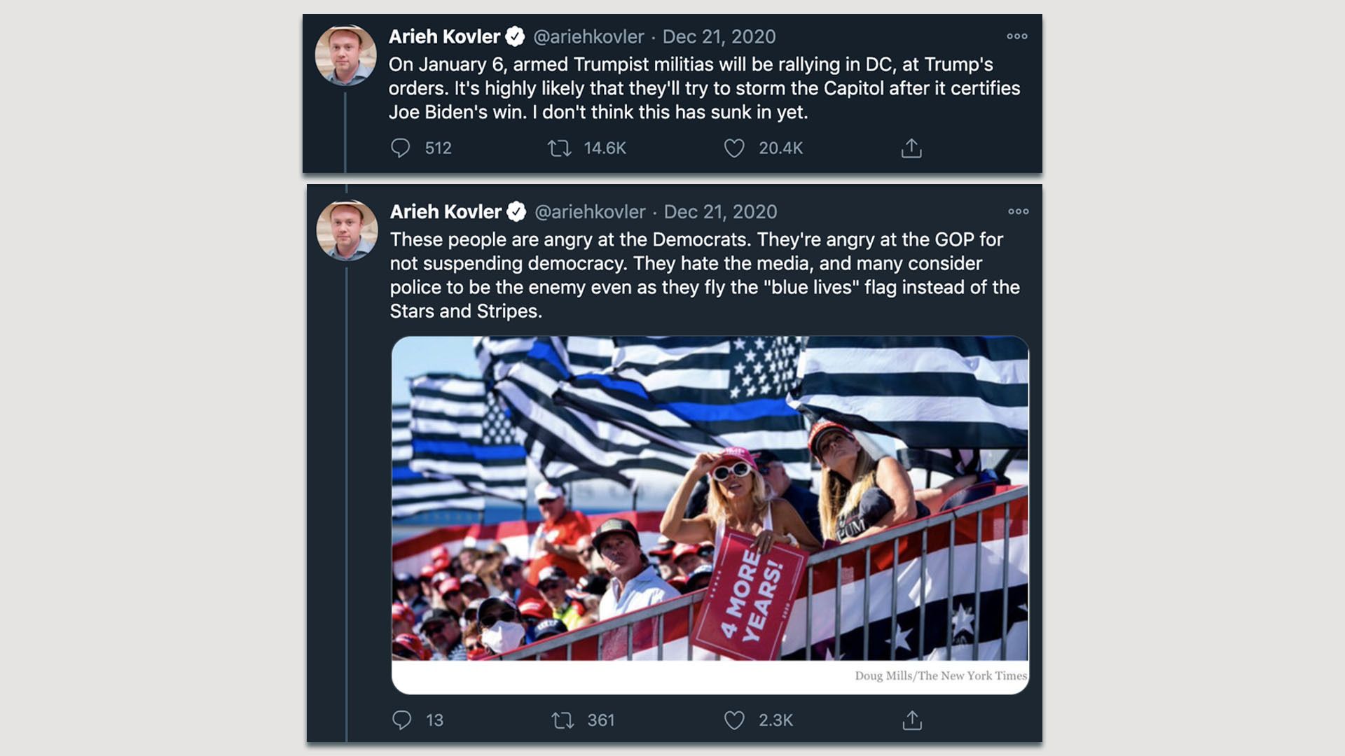 A screenshot shows Arieh Kovler's tweets predicting the storming of the Capitol this week.
