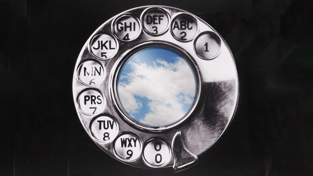 Illustration of a rotary phone dial with clouds moving in the center