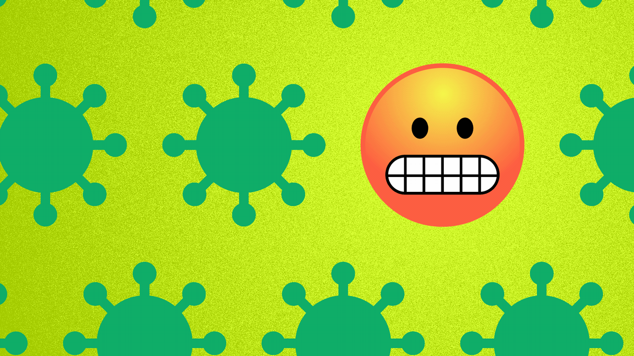 Illustration of a grimacing emoji grinding its teeth, surrounded by a pattern of covid particles.