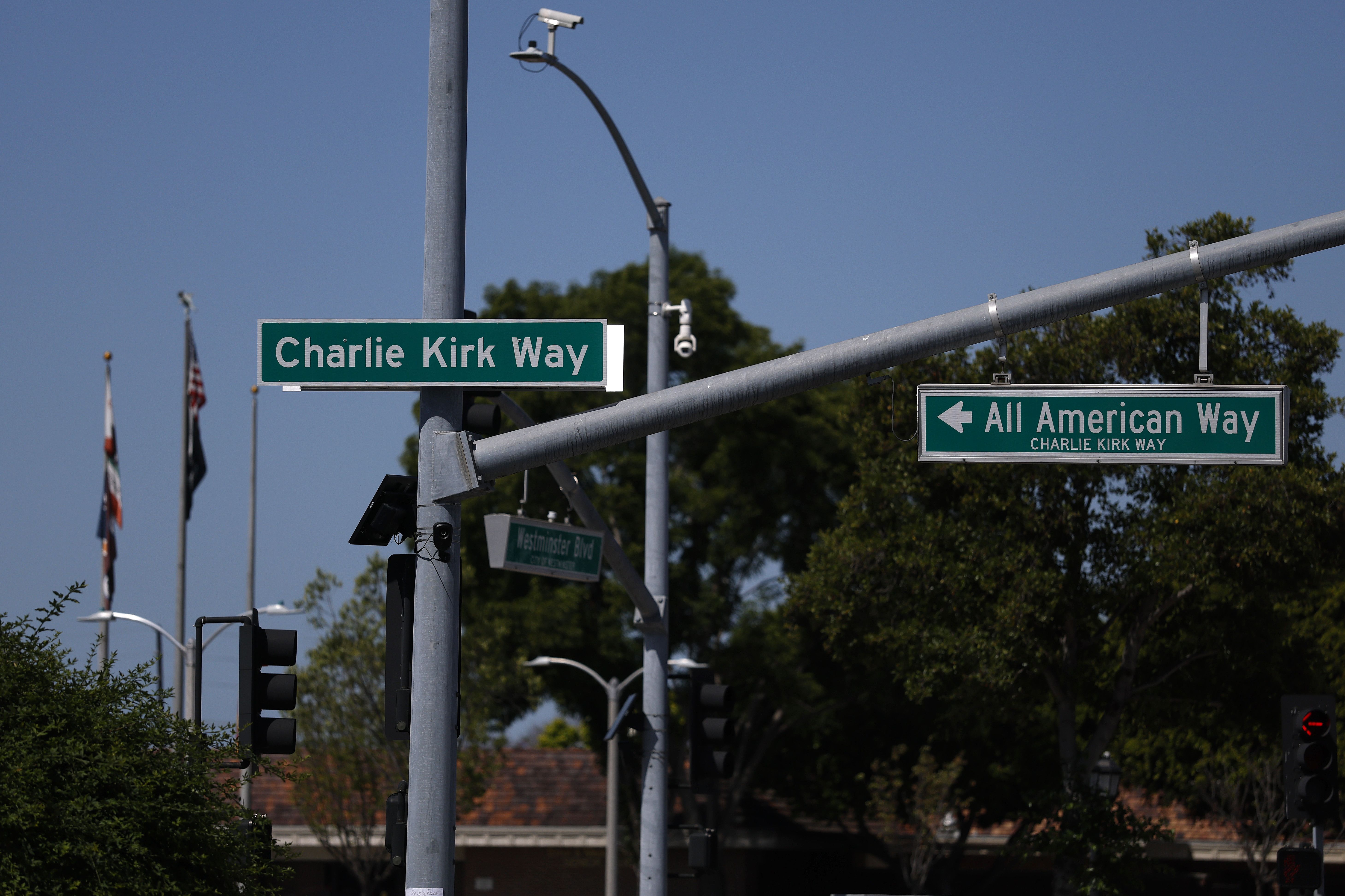 A view of a newly installed Charlie Kirk Way sign on April 29, 2026 in Westminster, California.
