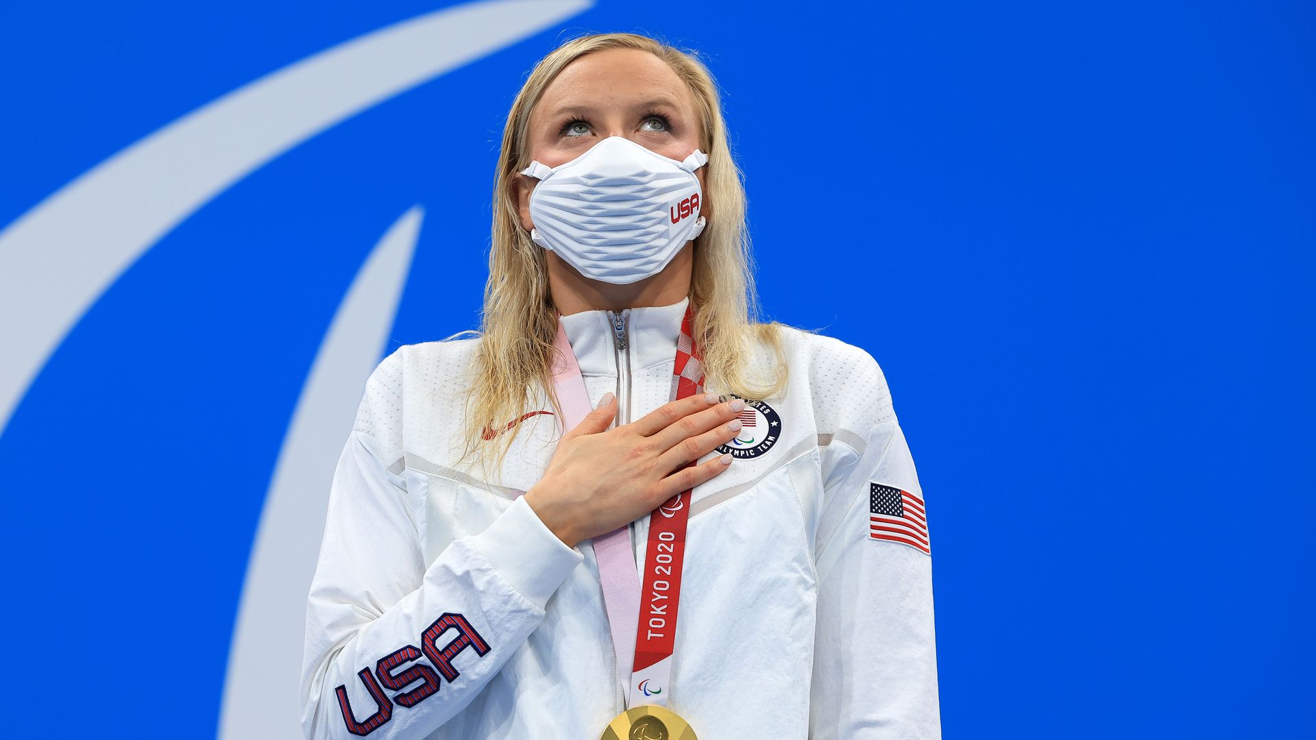 American gold medalist Jessica Long during the medal ceremony for the Women's 200m Individual Medley - SM8 Final at the Tokyo Paralympics on August 28