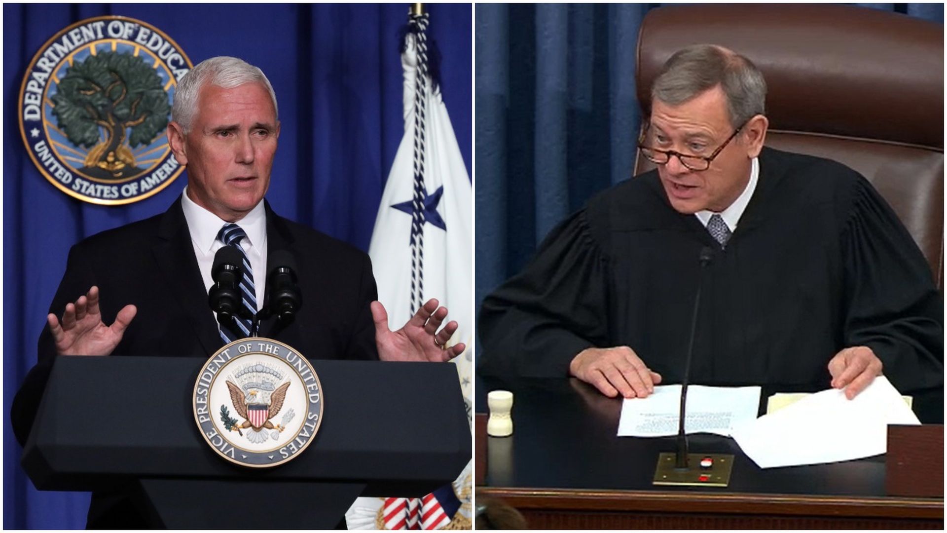 Combination images of Vice President Mike Pence and Chief Justice John Roberts.