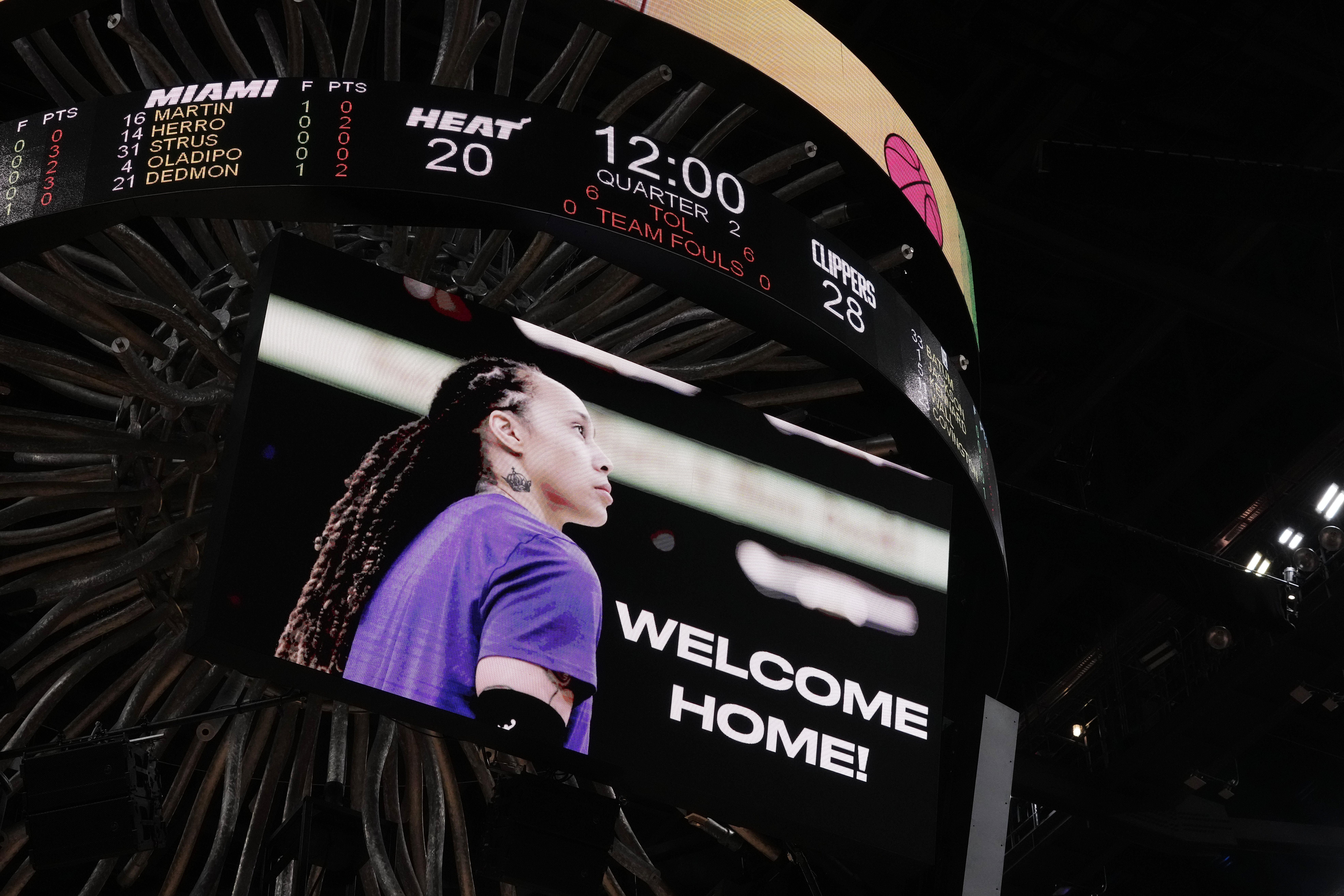 Brittney Griner is welcomed home on the Jumbotron of last night's NBA Heat-Clippers game in Miami.