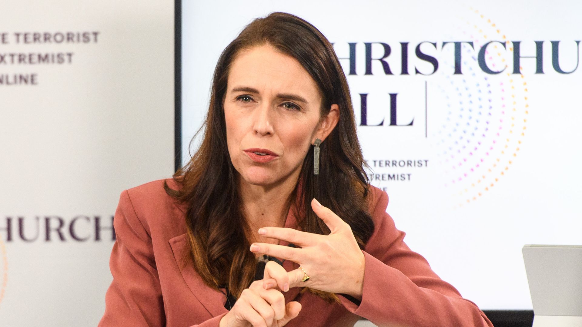  Prime Minister Jacinda Ardern speaks to international media during the Christchurch Call international leaders' summit on May 15, 2021 in Wellington, New Zealand. New Zealand