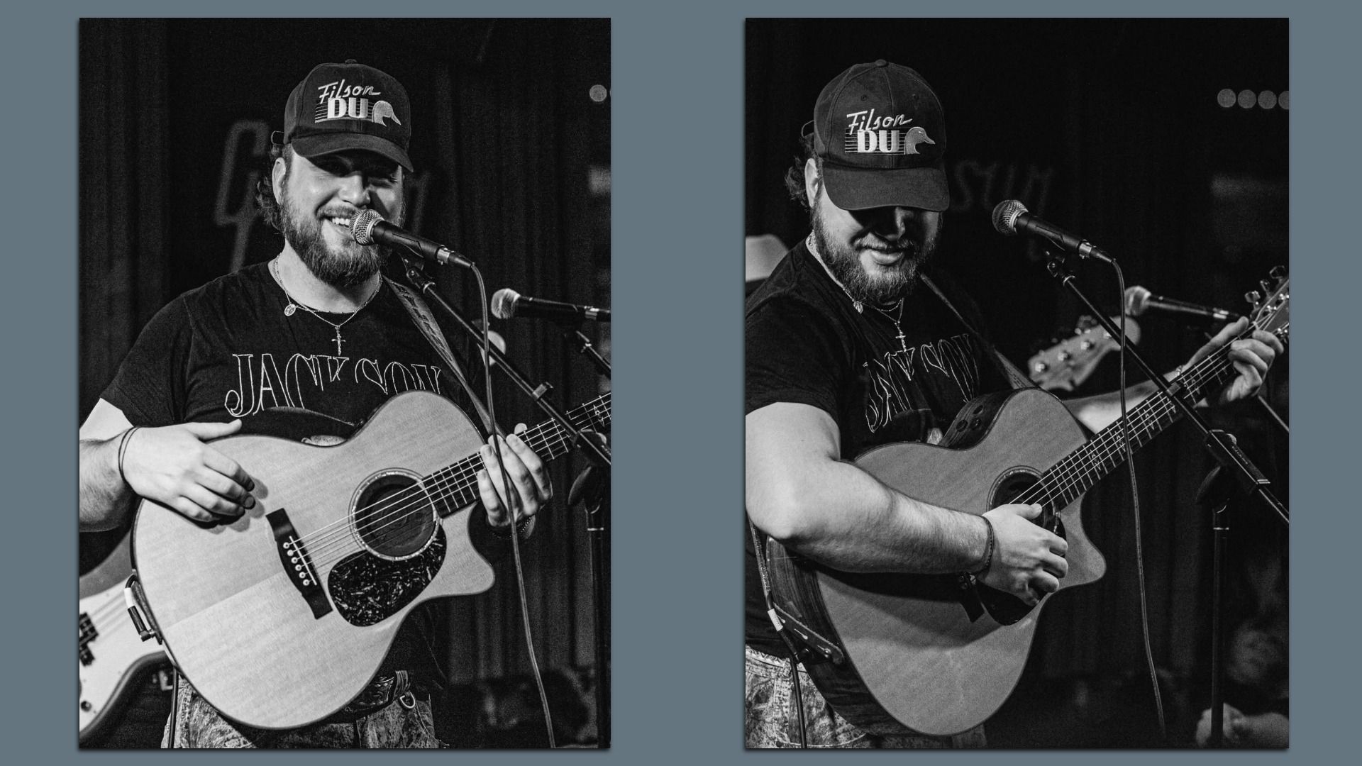Two black-and-white photos of a bearded guitarist on stage, playing an acoustic guitar. He wears a Filson DU cap; shirt Jackson. Left shows him smiling at the mic, right shows him playing.