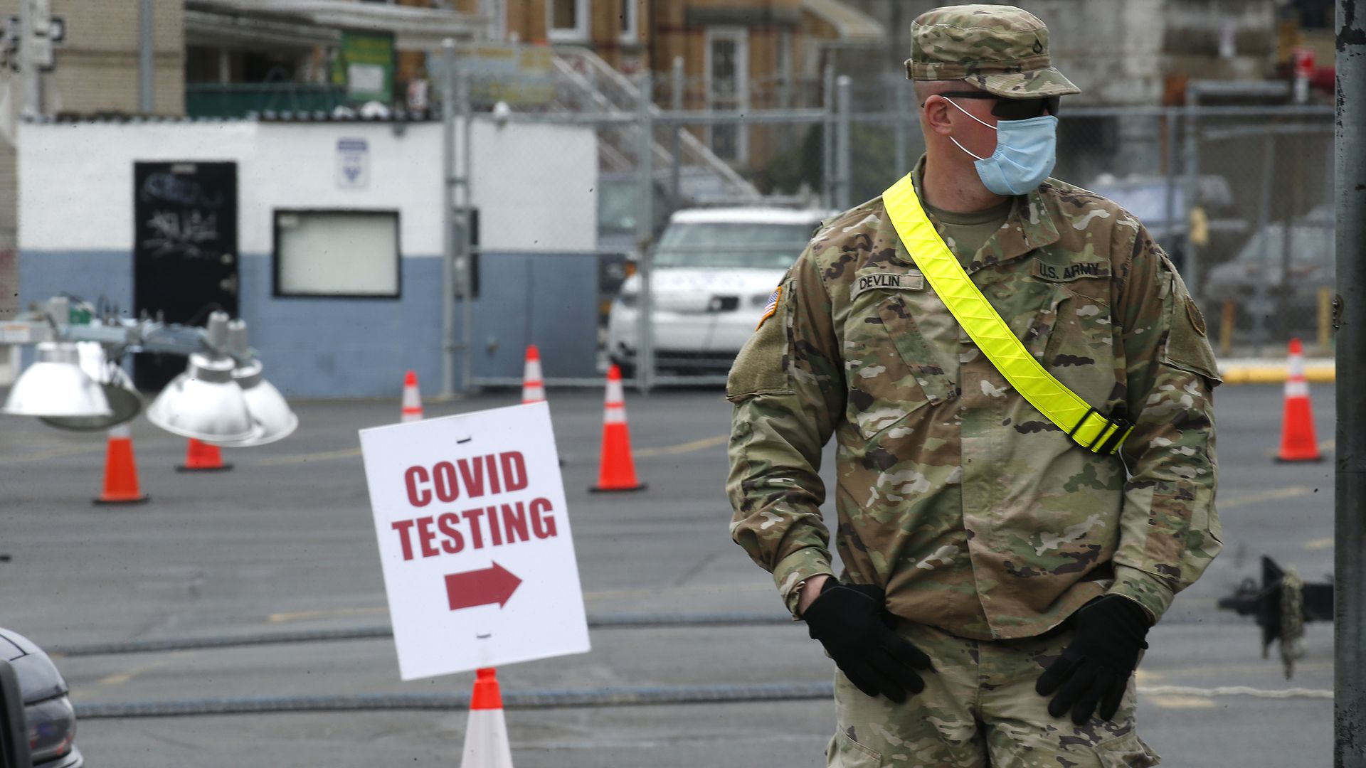 US Army personnel is posted at the entry point to the test site, in Brooklyn, New York,