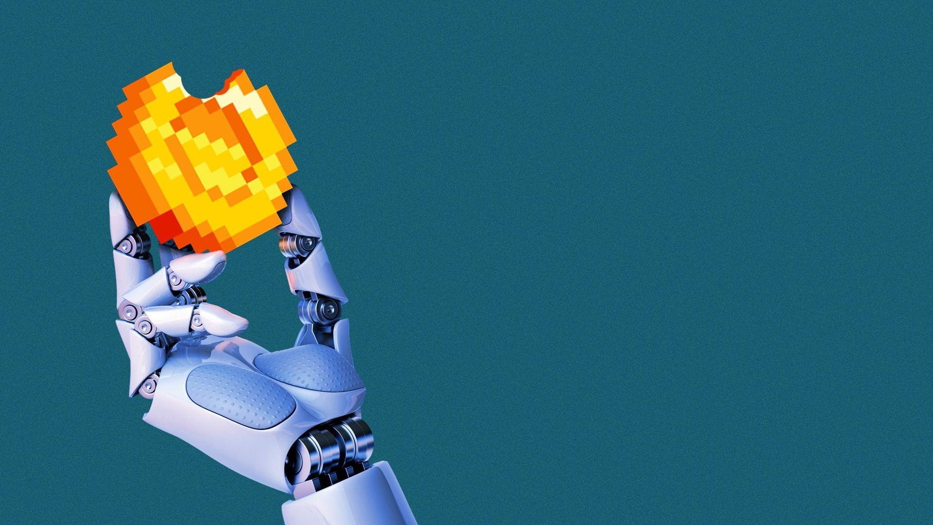 Illustration of a robot hand holding a digital coin with a bite taken out of it