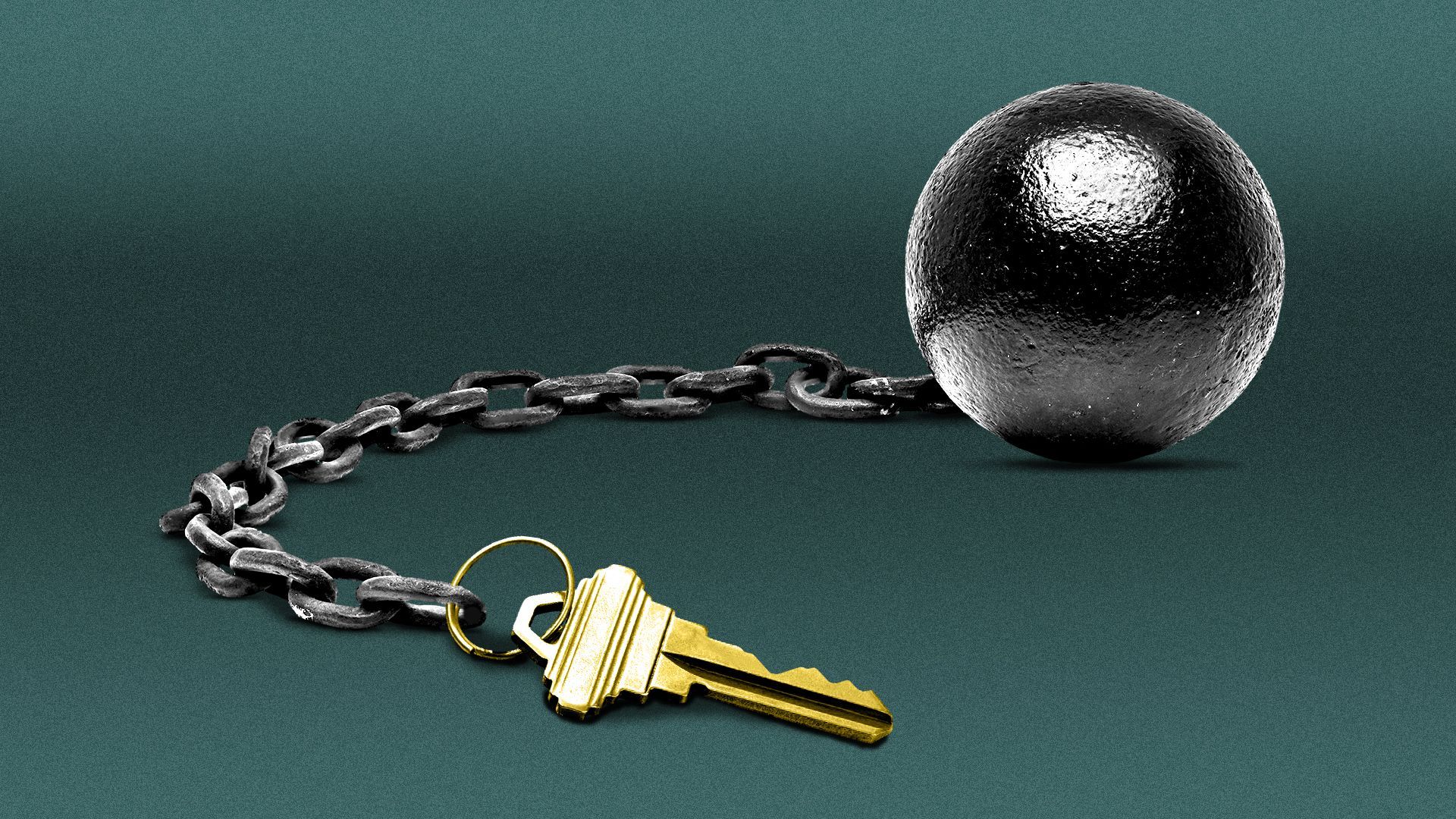 Illustration of a house key attached to a ball and chain.