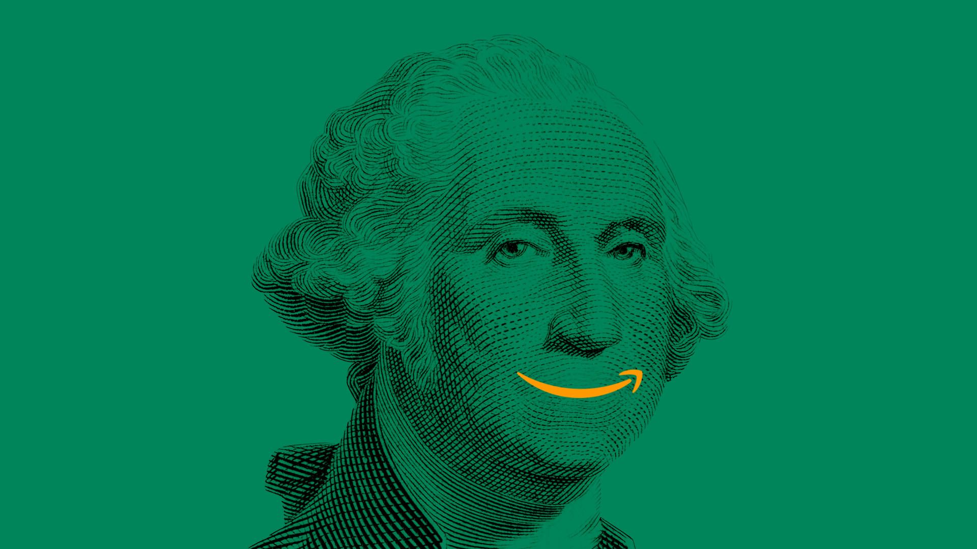 An Amazon logo overlaid on George Washington's mouth