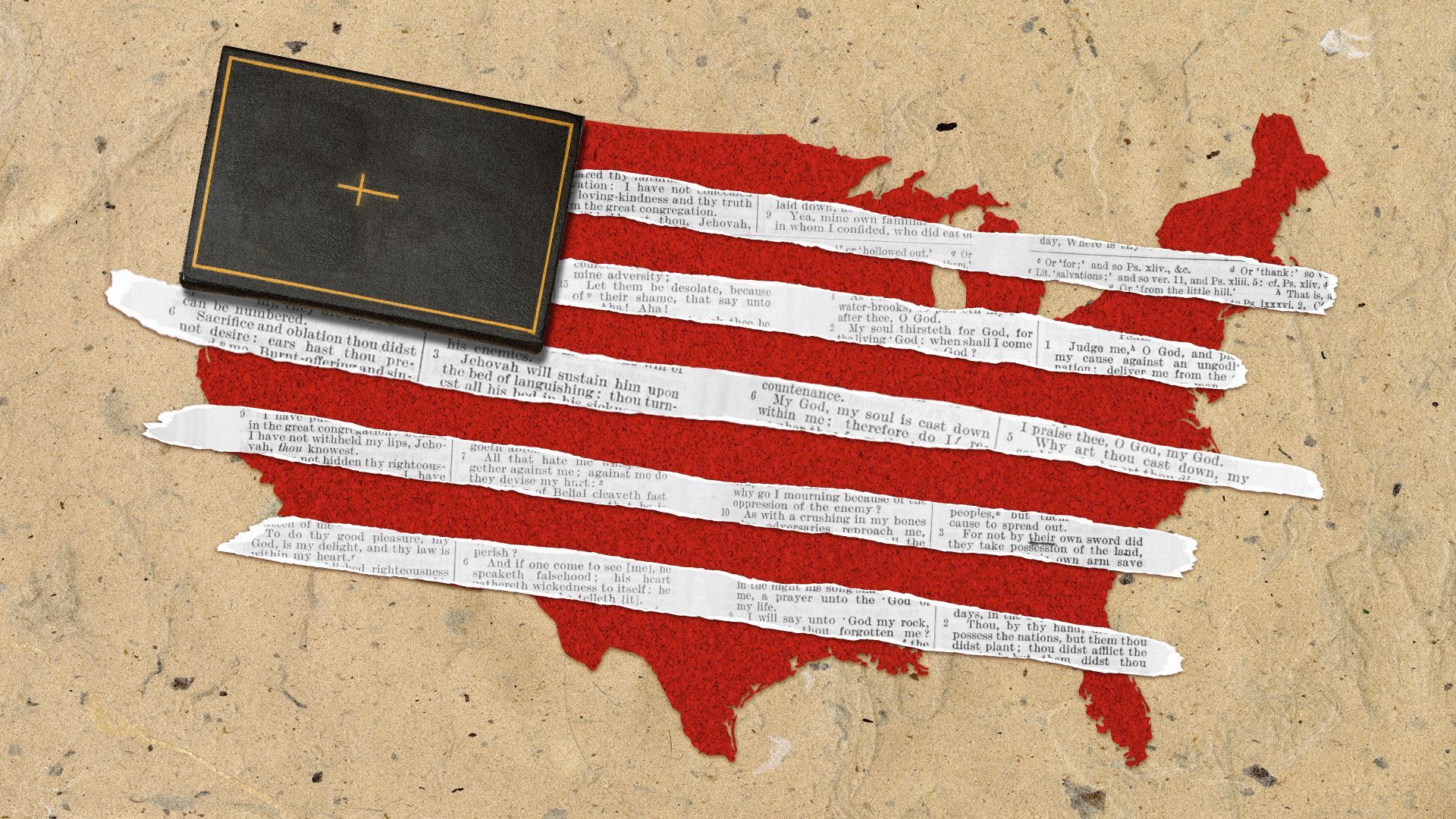 Illustration of the United States overlaid with a Bible and strips of Bible verses.