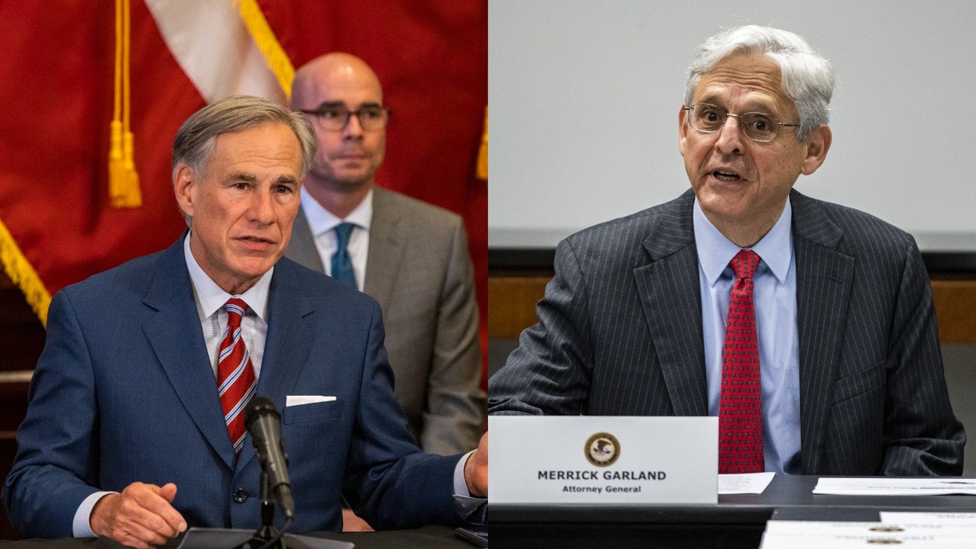 Side by side photos of Greg Abbott speaking and Merrick Garland speaking