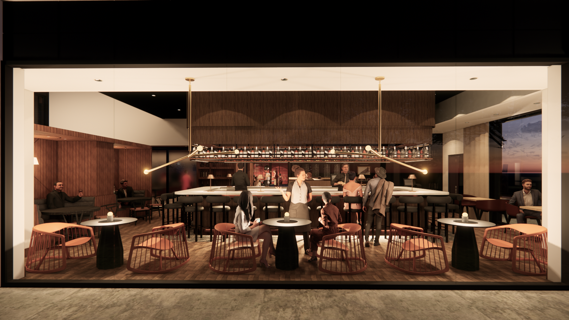A rendering of the bar and dining room of Crawford Brothers