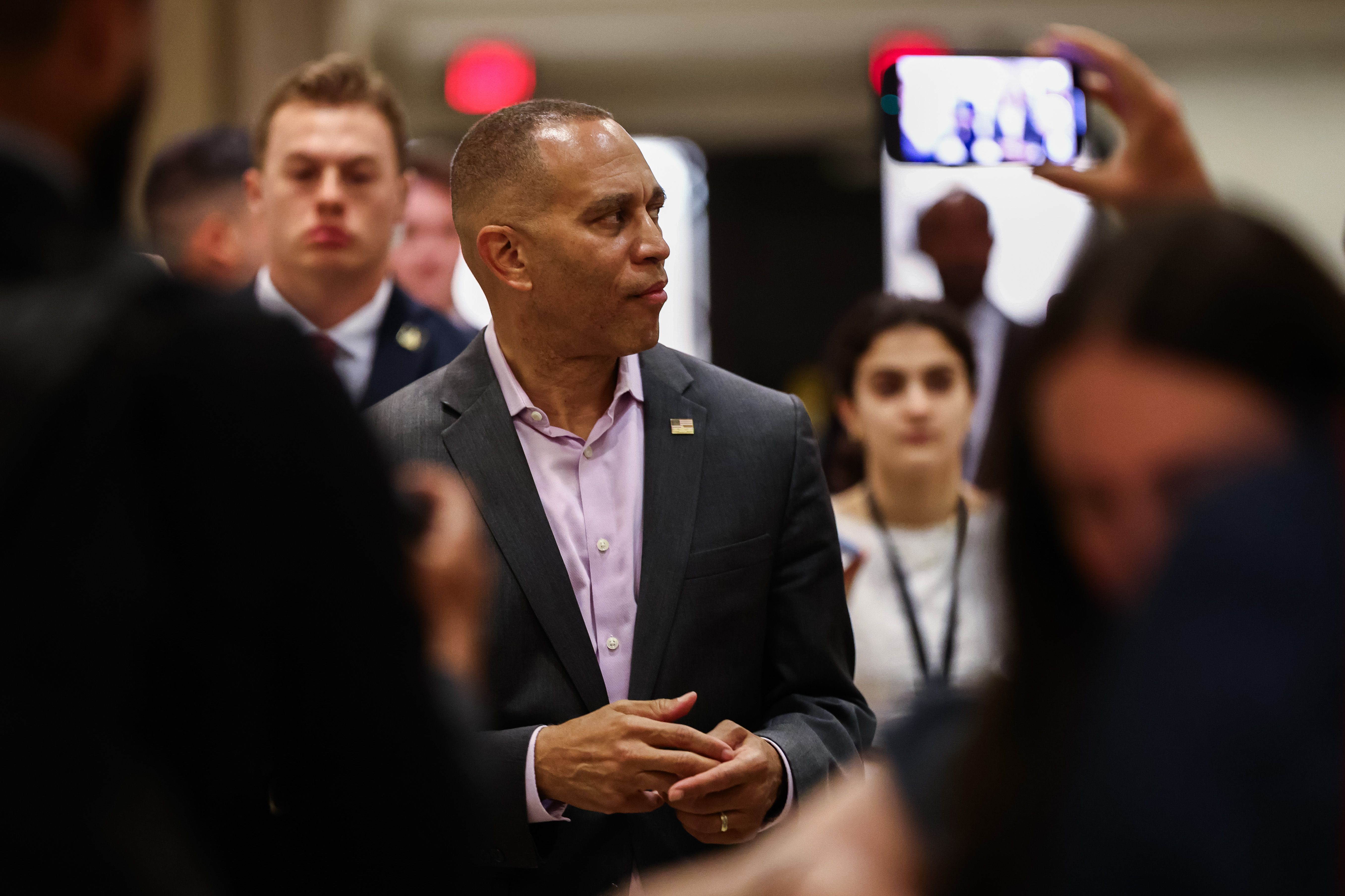 Hakeem Jeffries (D-N.Y.) leaves a press conference at the Capitol on Monday.