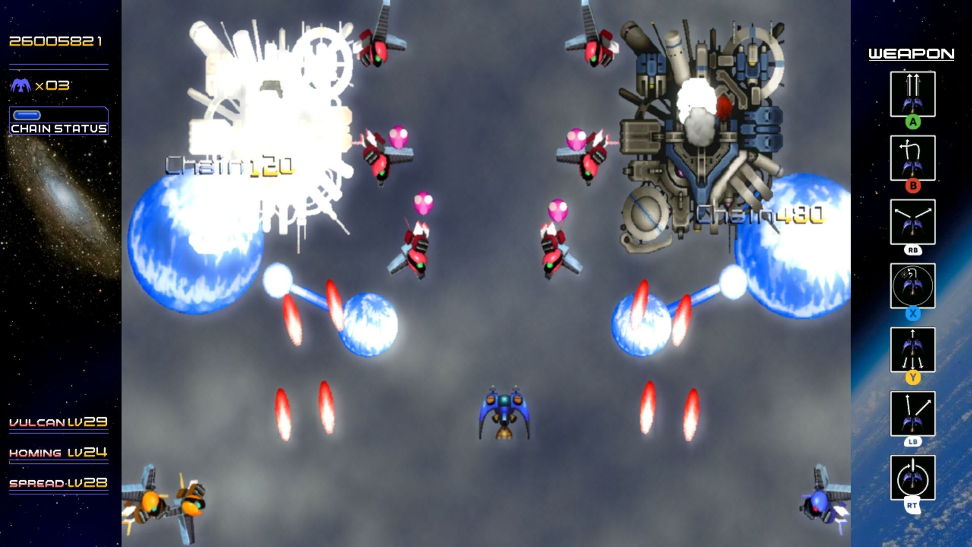 Screenshot of a shoot-em-up arcade game. A blue space ship dodges red lasers