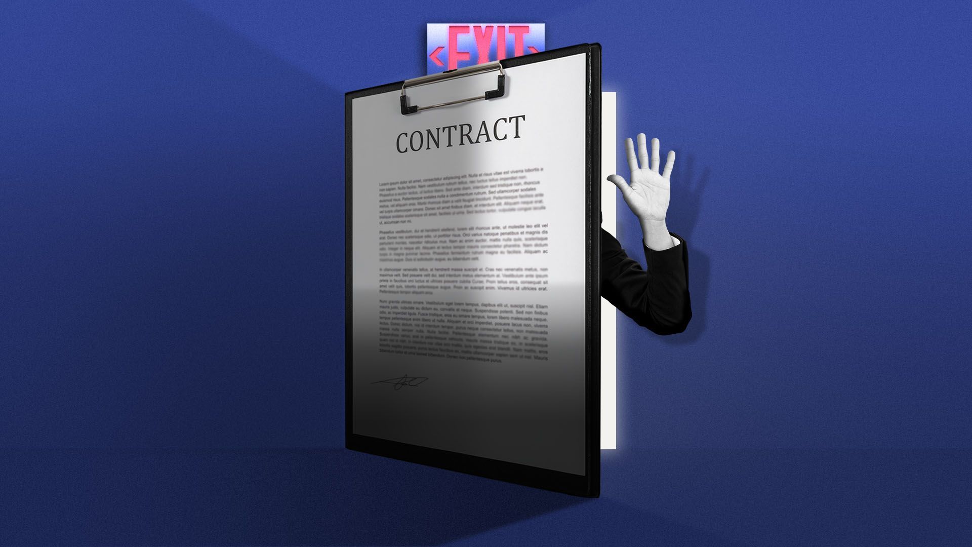 Illustration of a contract as an exit door with someone waving goodbye behind it
