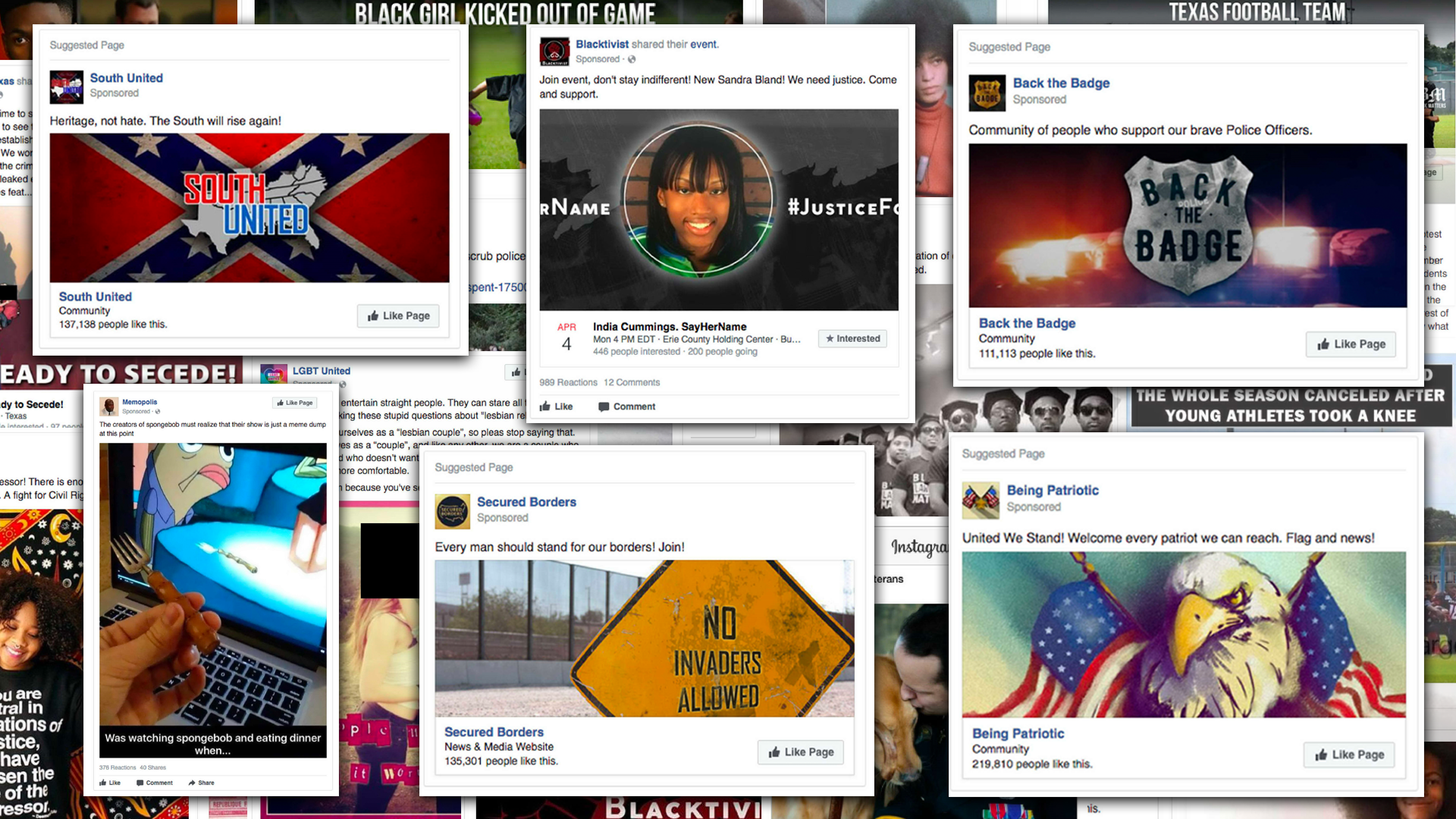 Six Facebook ads in the foreground, and more in the background