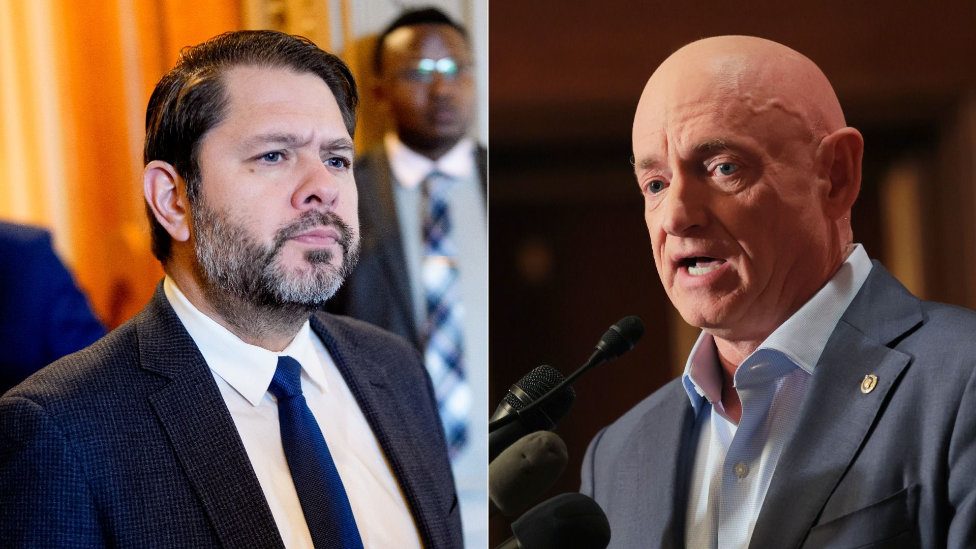 Side by side images of the heads and upper bodies of two men; the man on the left is waring a black or dark blue suit jacket, white shirt and dark tie; the man on the right is wearing a gray jacket over a light blue shirt with an unbuttoned collar. 