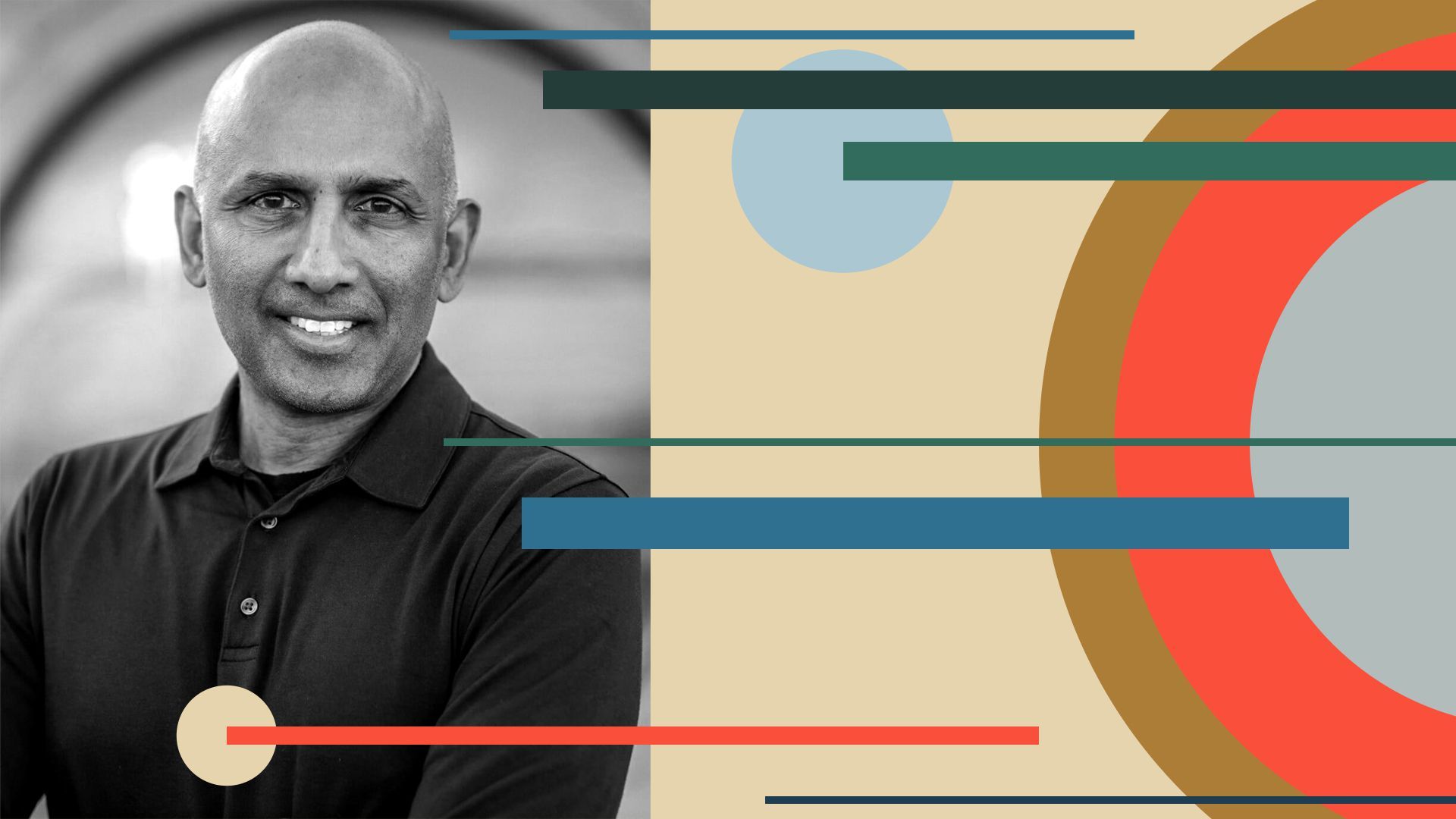 Photo illustration of Raj Atluru and abstract shapes.