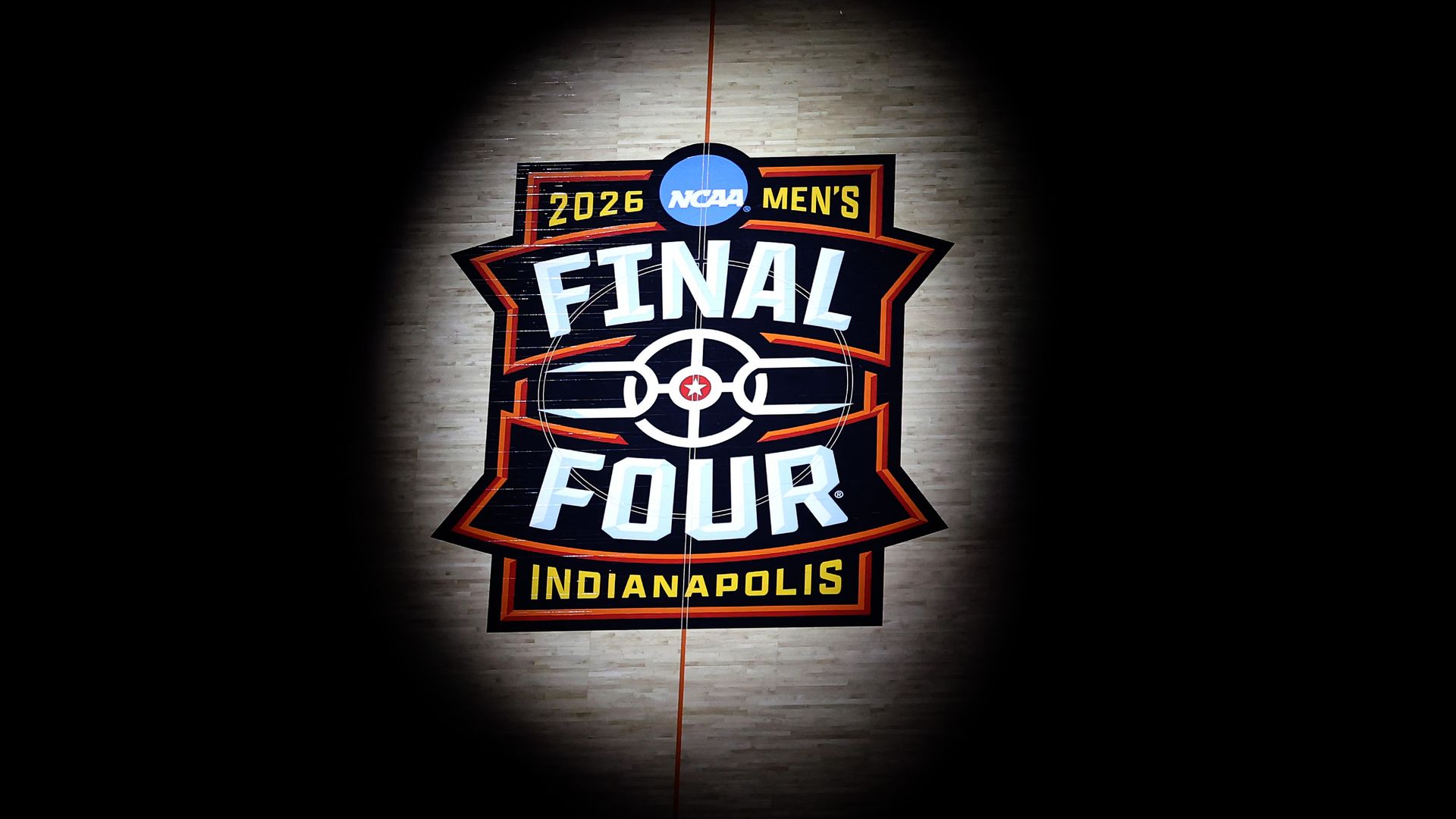 The 2026 Final Four logo on the court in Indianapolis.