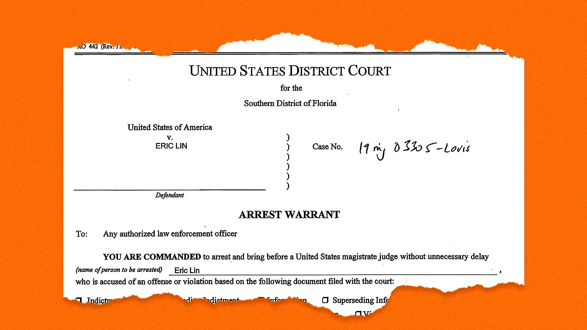 The booking papers for Lin.