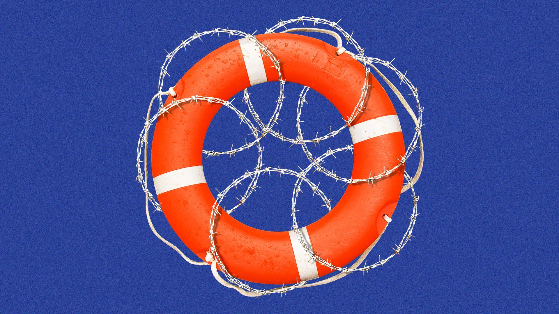 Illustration of a life preserver wrapped in barbed wire.