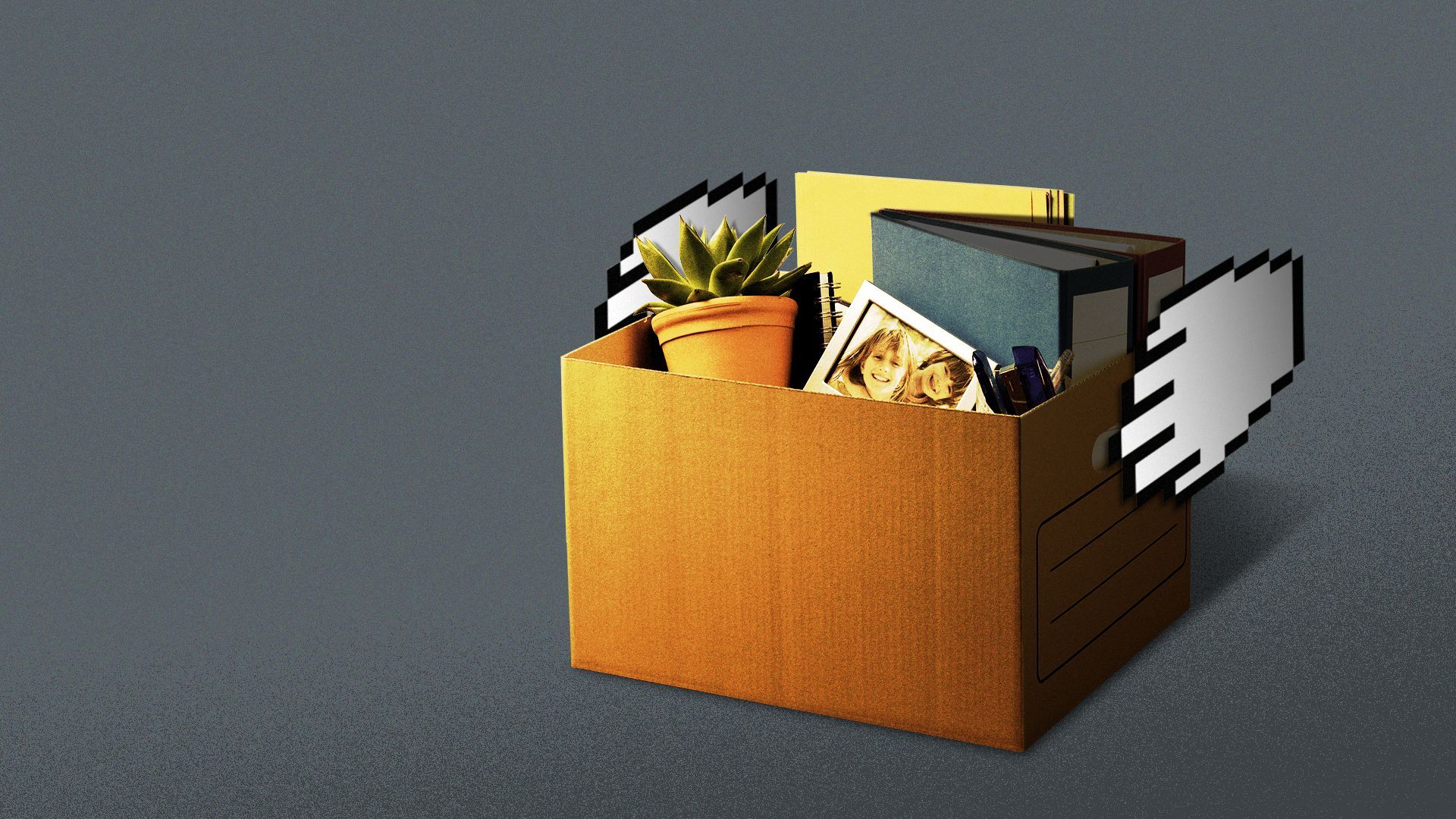 Illustration of two cursor hands holding a box full of office supplies.