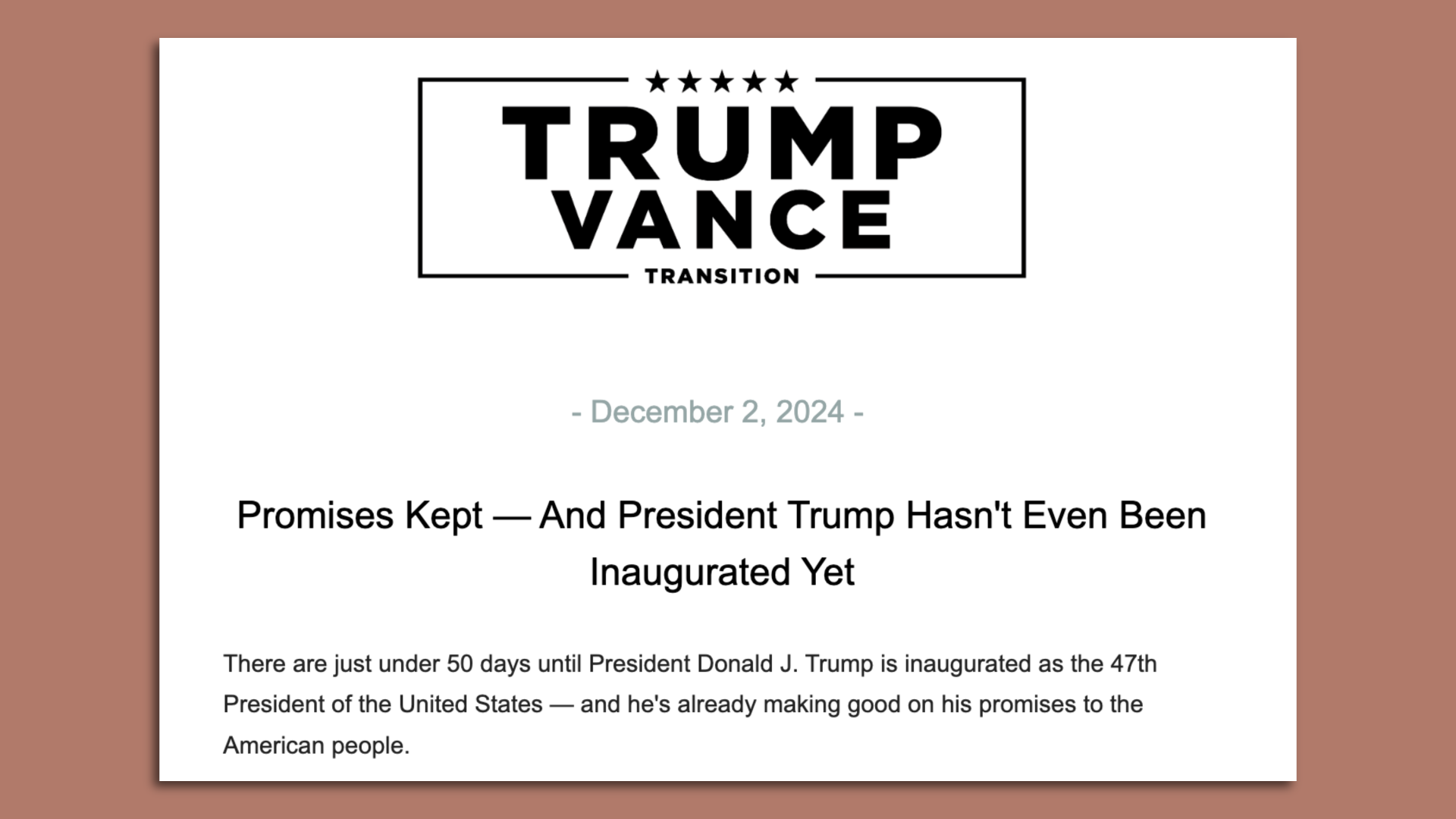 A screenshot of the Trump transition's "promises kept" email.