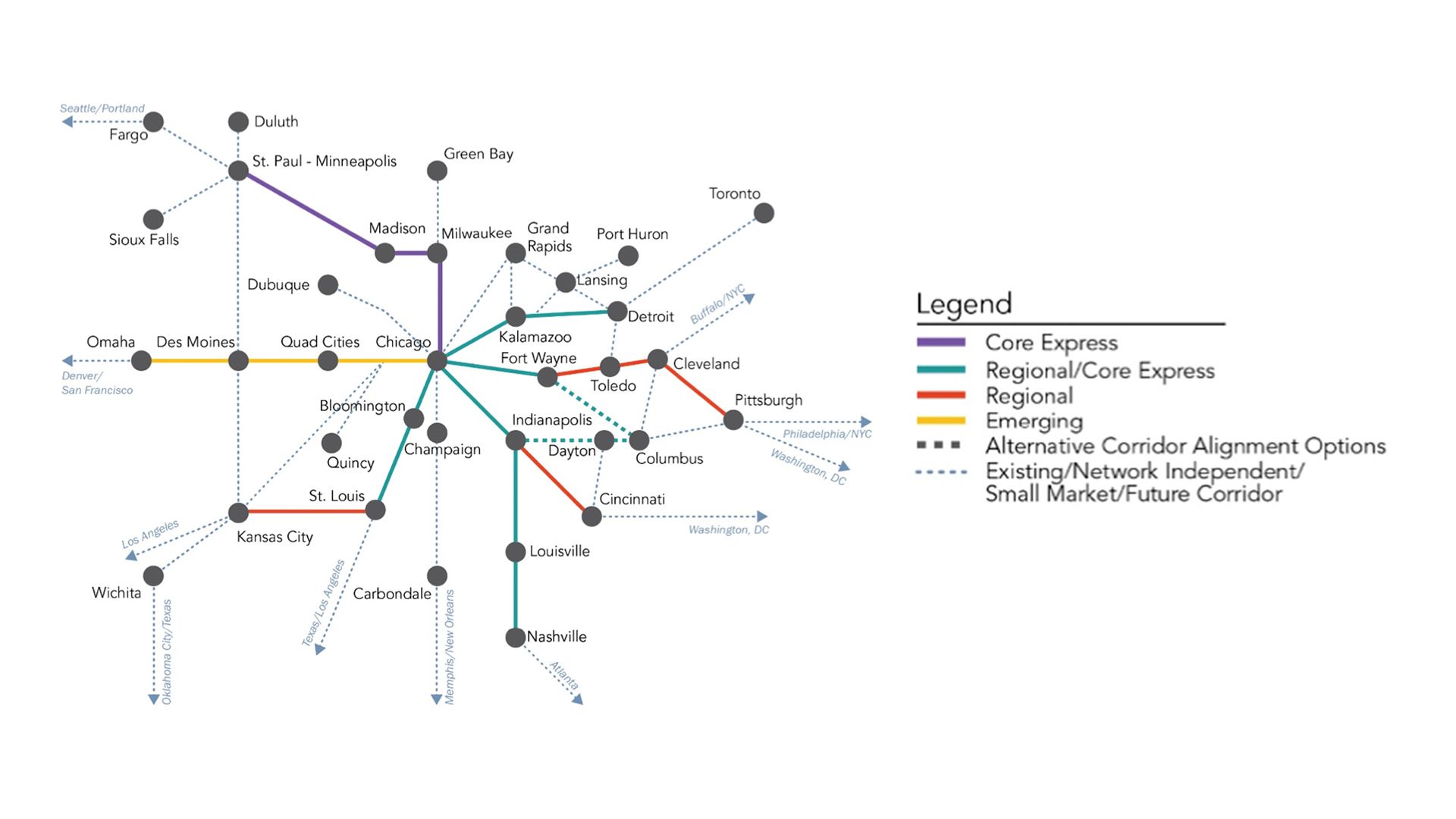 A map showing train routes to Midwest cities 