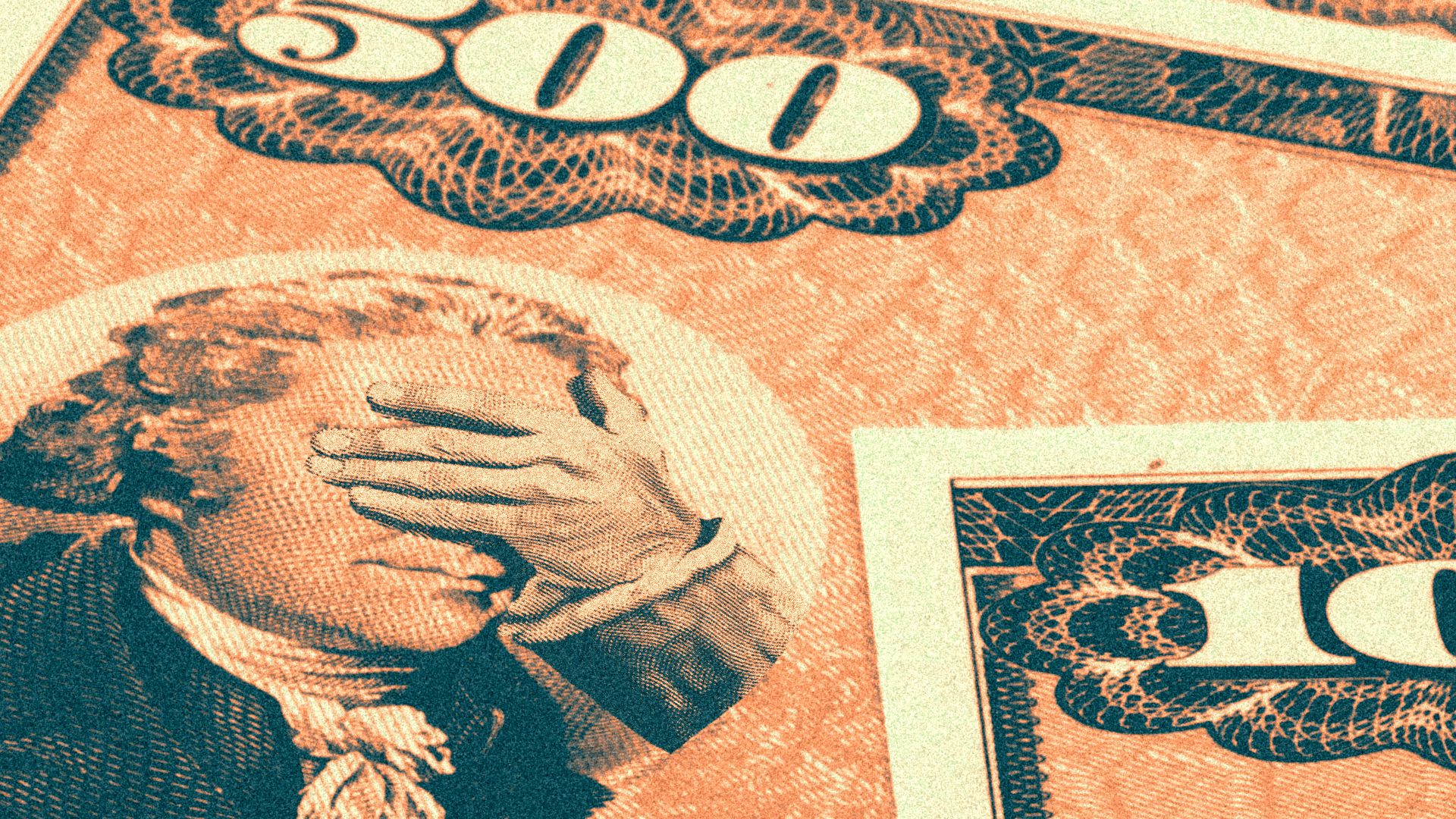 Illustration of a $500 U.S. bond, with Alexander Hamilton covering his eyes with his hand.