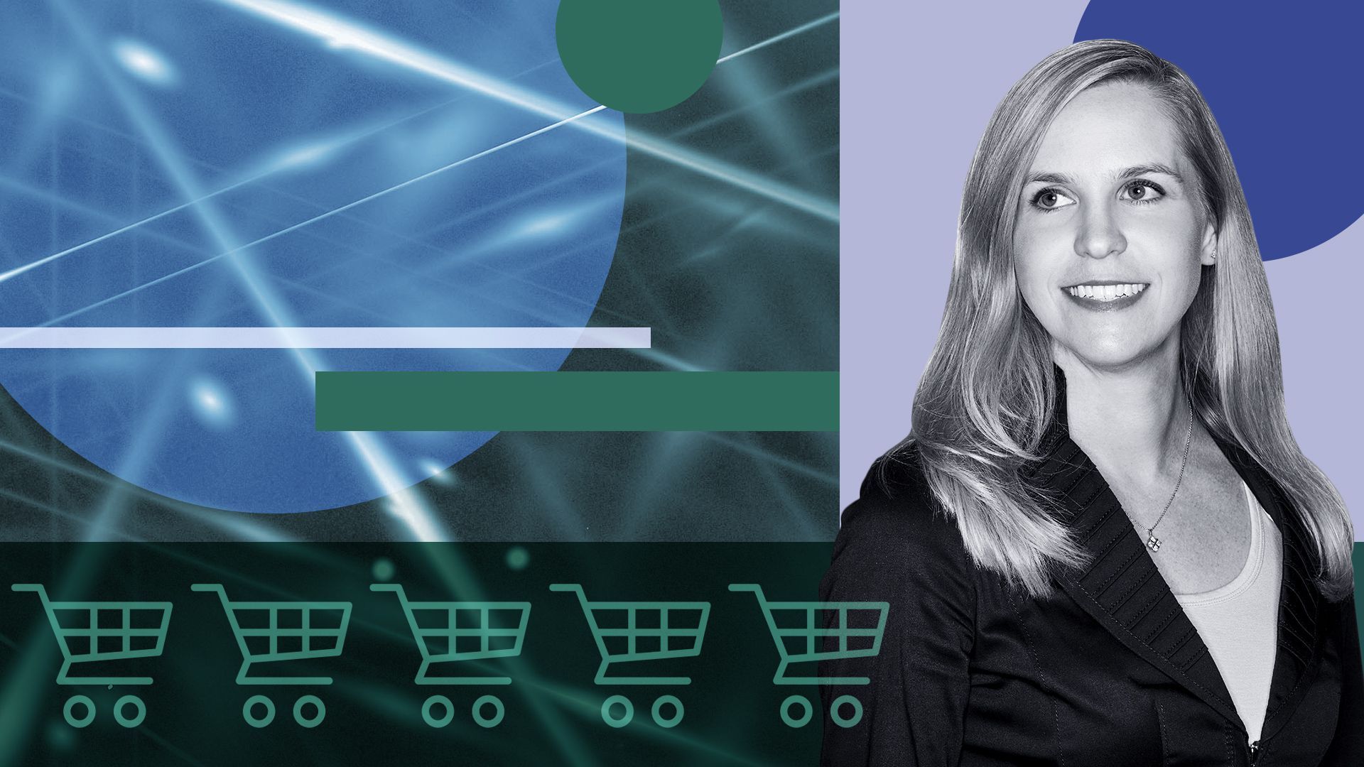 Photo illustration of Carrie Tharp with abstract shapes and shopping carts.