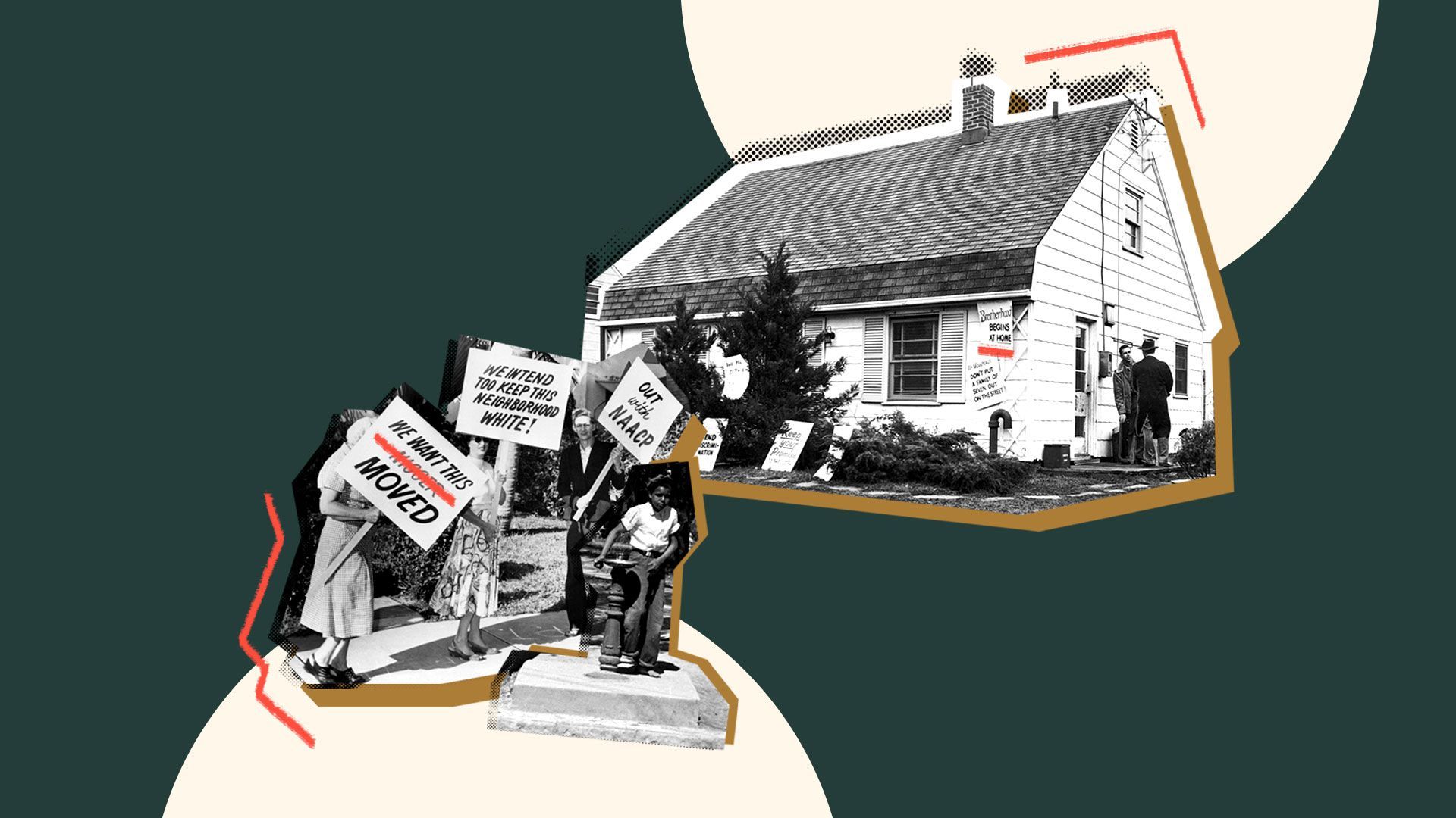 Photo illustration of house with protest signs, people holding racist picket signs, and young boy drinking from a water fountain