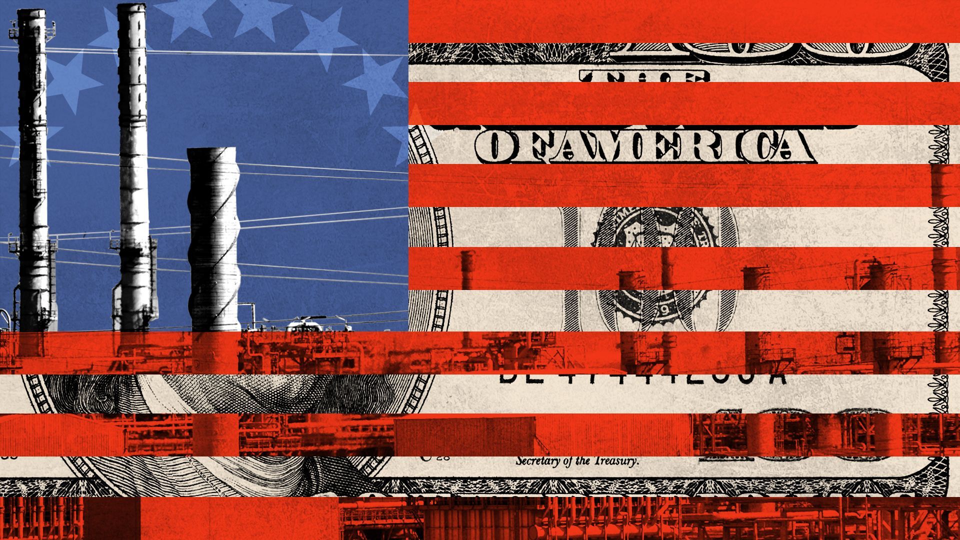Illustrated collage of an oil plant in Puerto La Cruz, Venezuela, overlayed with elements of the U.S. and Venezuelan flags and a hundred dollar bill