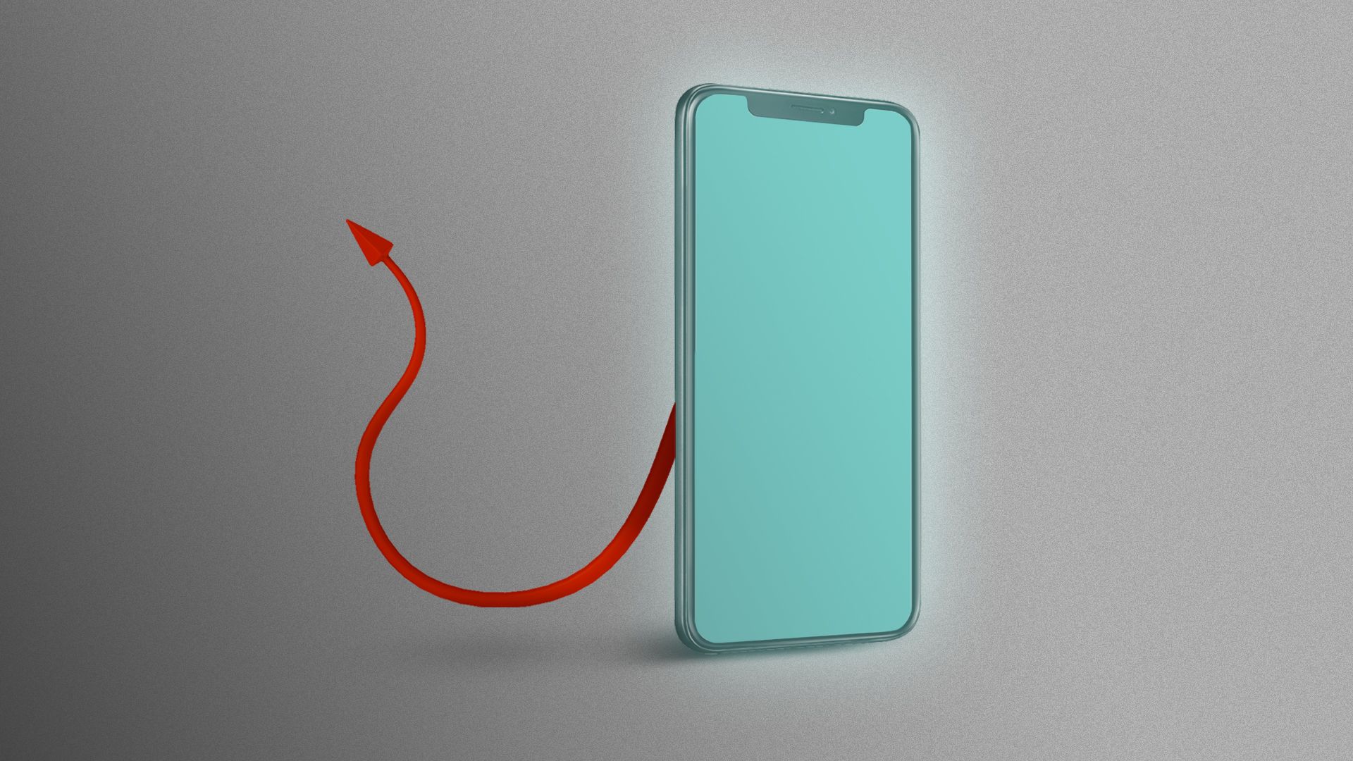 Illustration of a mobile phone turned to the side glowing, a devil's tail is coming out of the back hidden in the shadows. 