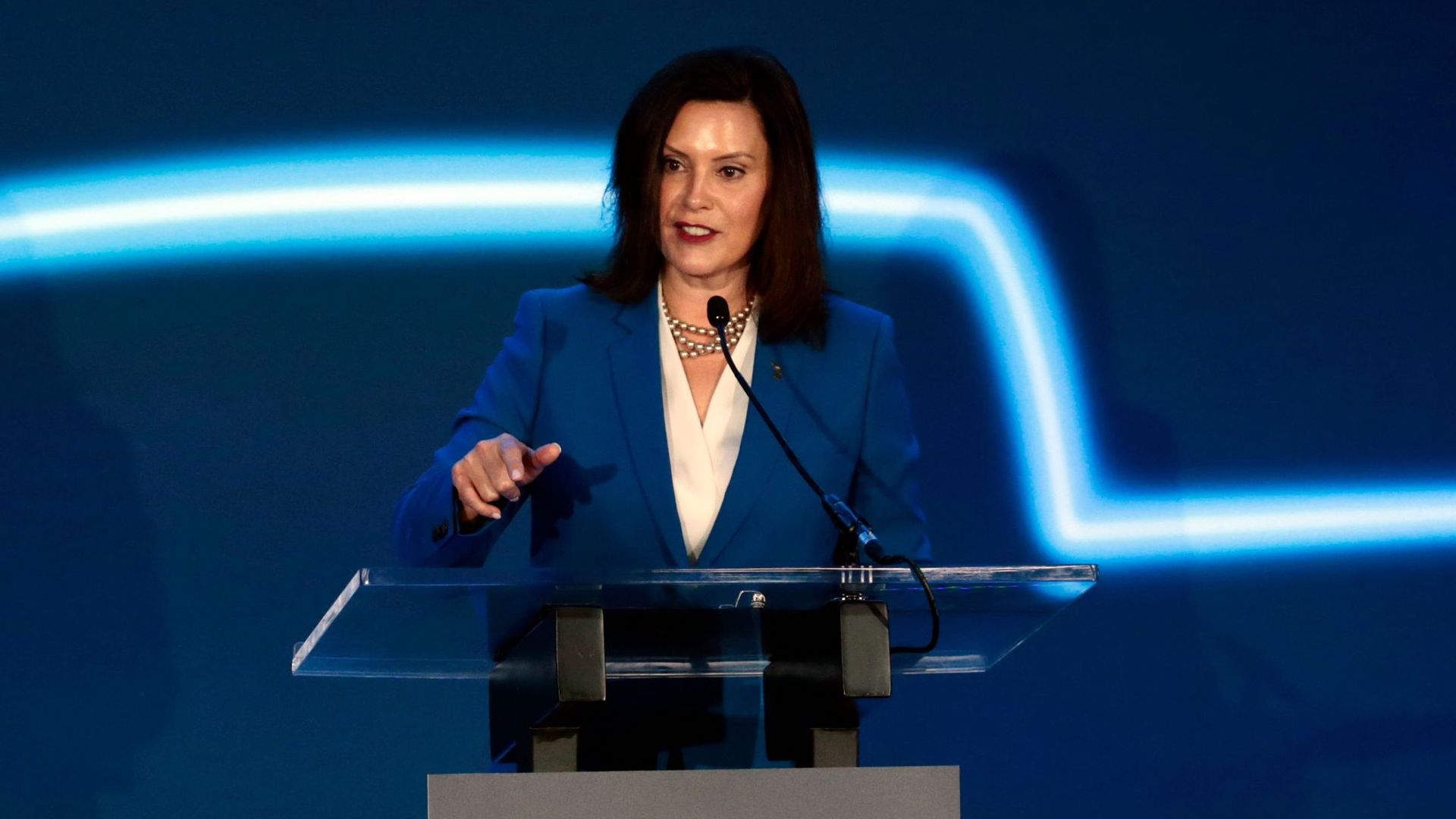 Michigan Gov. Gretchen Whitmer speaks at the Detroit- Hamtramck assembly plant on January 27