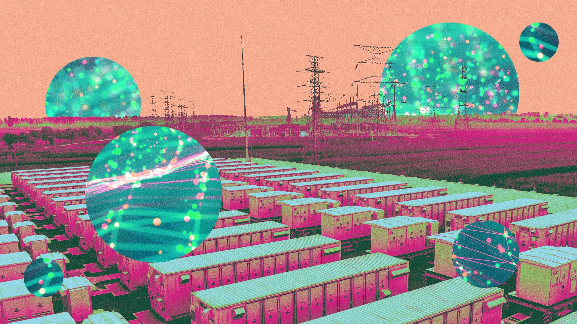 Illustration of stationary battery storage units surrounded by abstract shapes. 