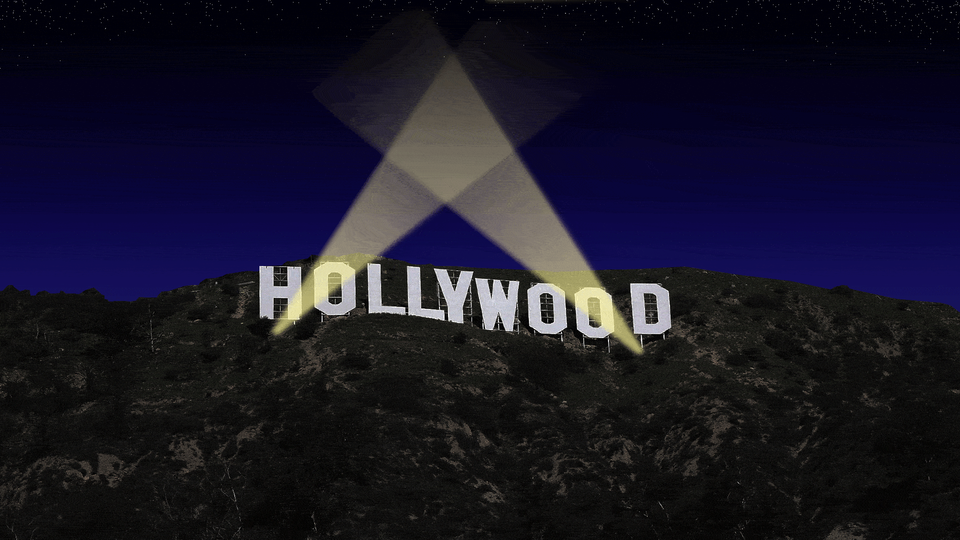 Photo illustration of lights flickering off of the Hollywood sign.