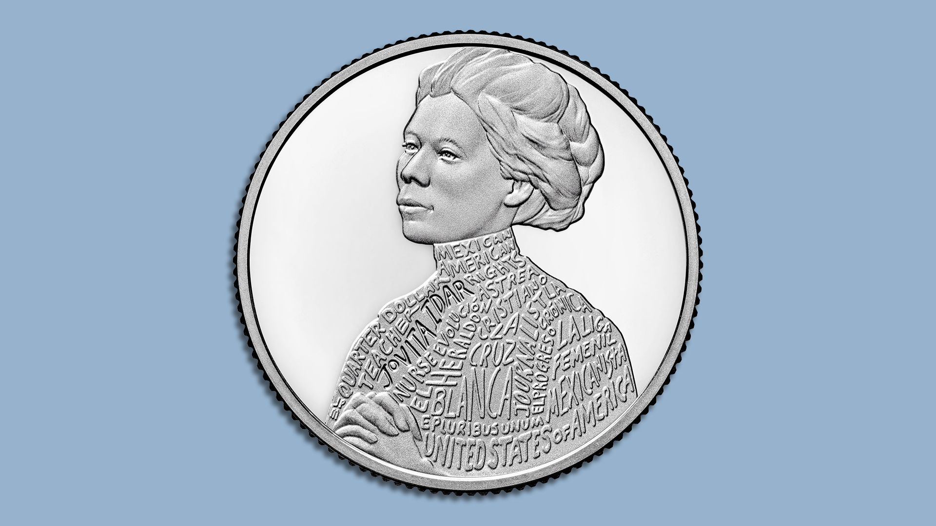 A medallic image of Jovita Idar on a coin, on a light blue background.