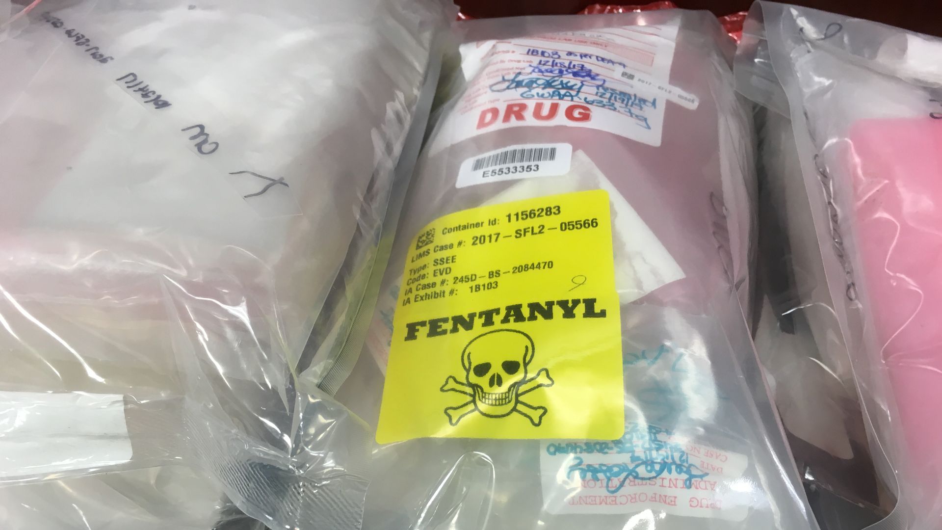 A bag from a drug bust, labeled with an image of a skull and the word "fentanyl."