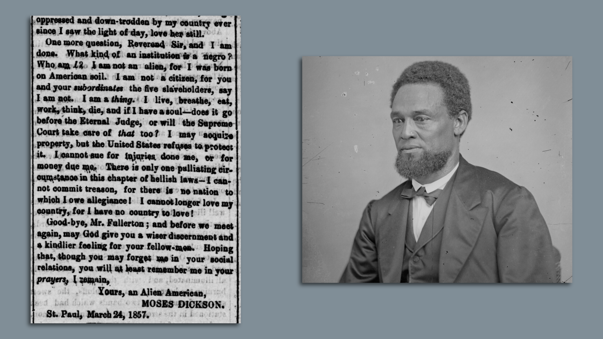 A clipping from an 1857 newspaper and a black-and-white portrait of a Black man with a beard wearing a suit and bow tie.
