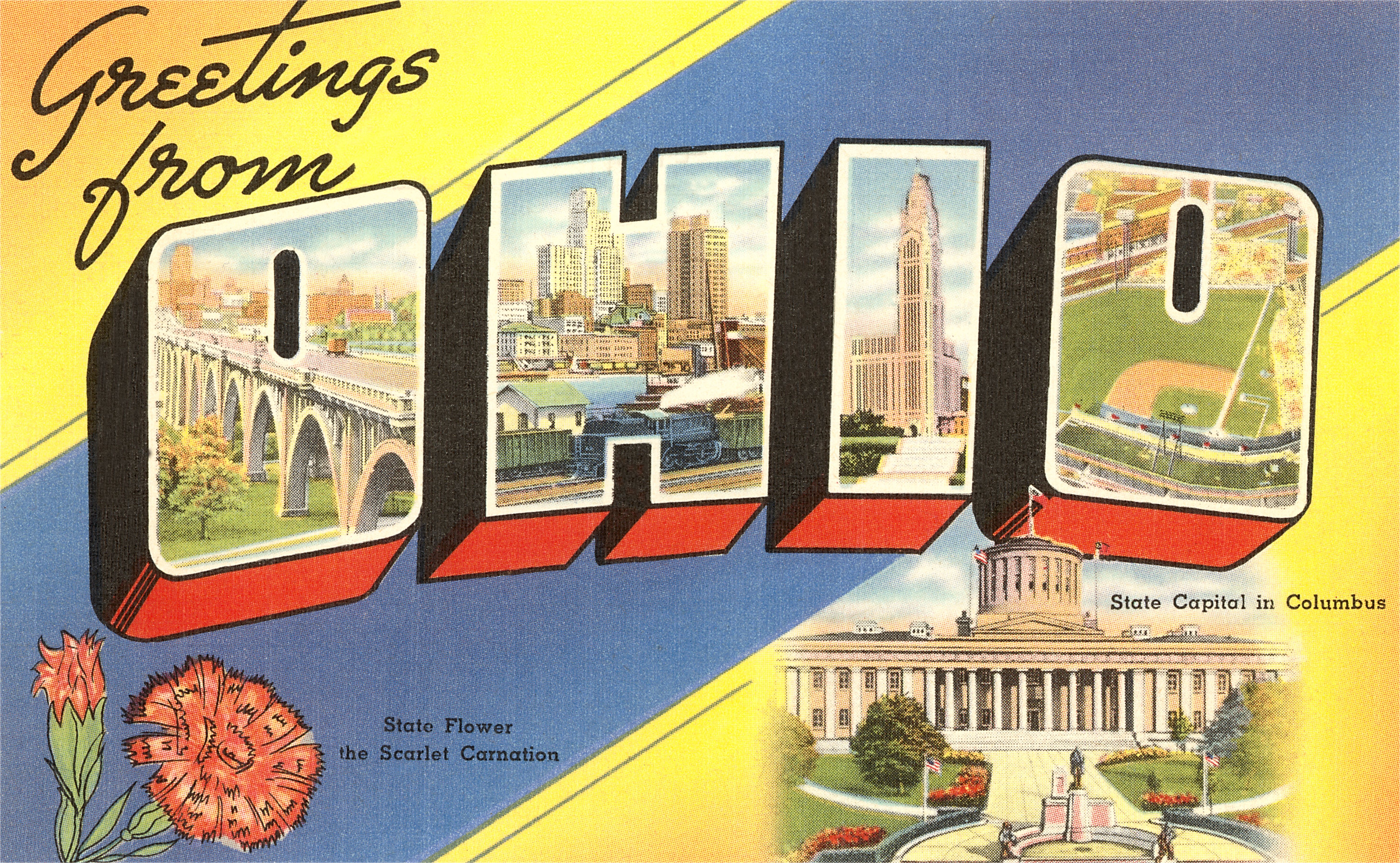 A vintage postcard reads "Greetings from Ohio," with landmarks inside the block O-H-I-O