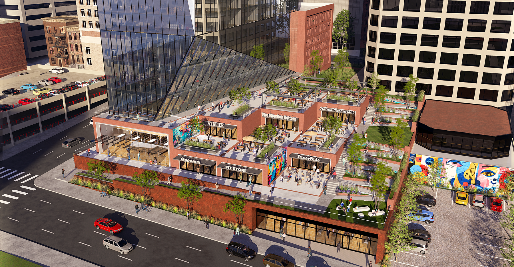 an aeriel view of all the shops 