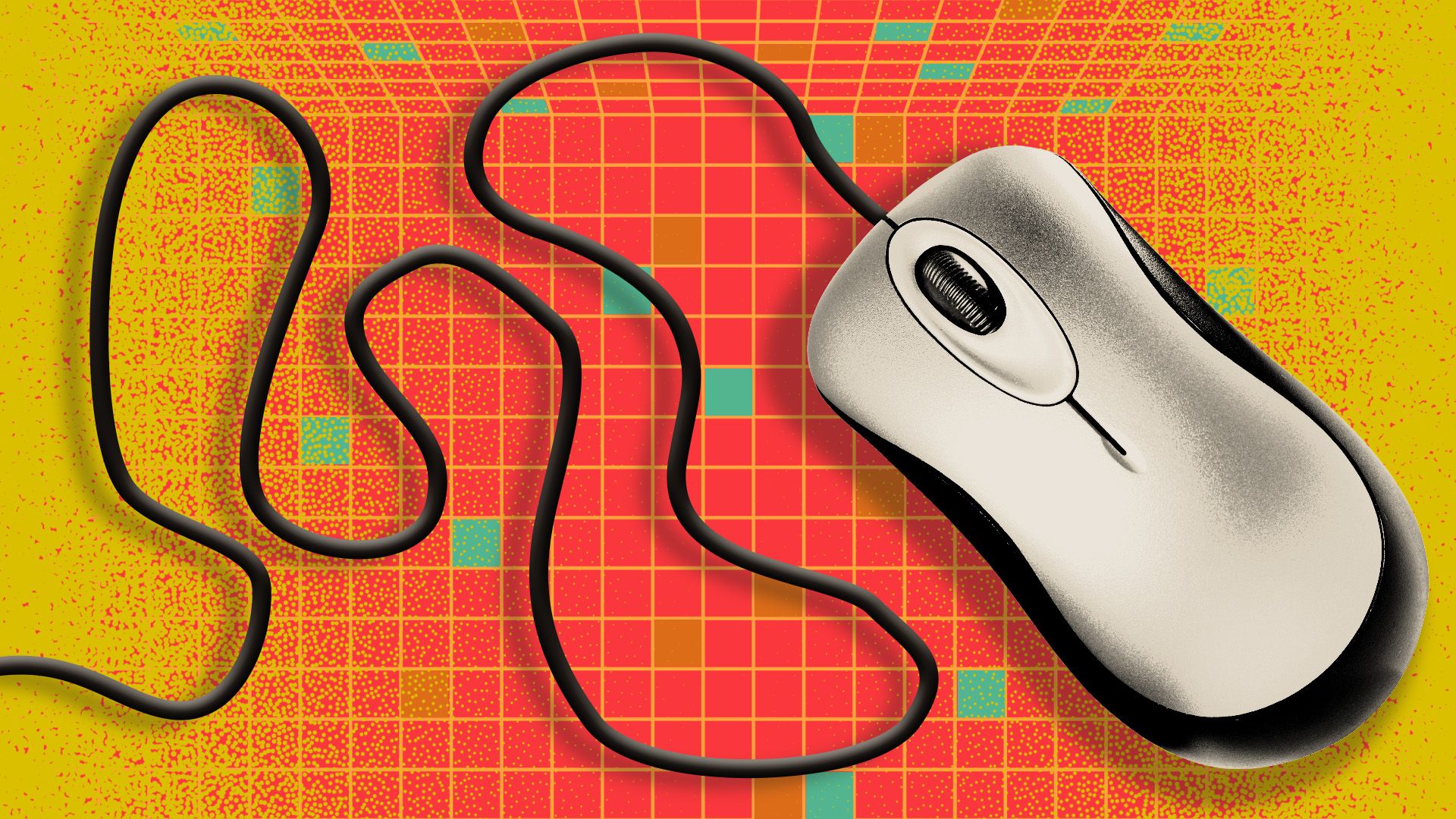 Illustration of a computer mouse on a grid with various blocks of color