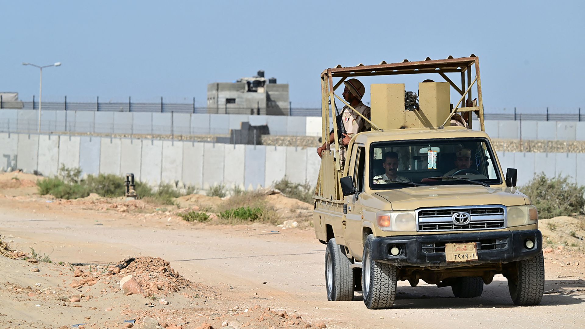 An Egyptian military vehicle is parked on Egyptian side of the border with the Gaza Strip on July 4, 2024,